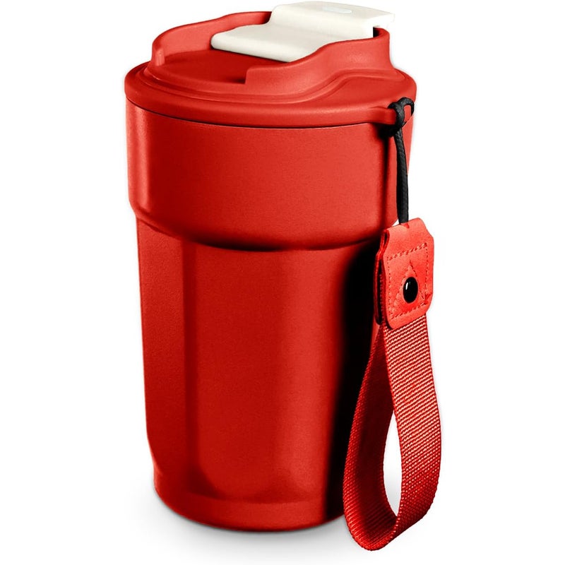 Czerwony, izolowany kubek ze stali nierdzewnej o pojemności 450 ml, z podwójnymi ściankami i szczelną pokrywką, wielokrotnego użytku, do napojów gorąc