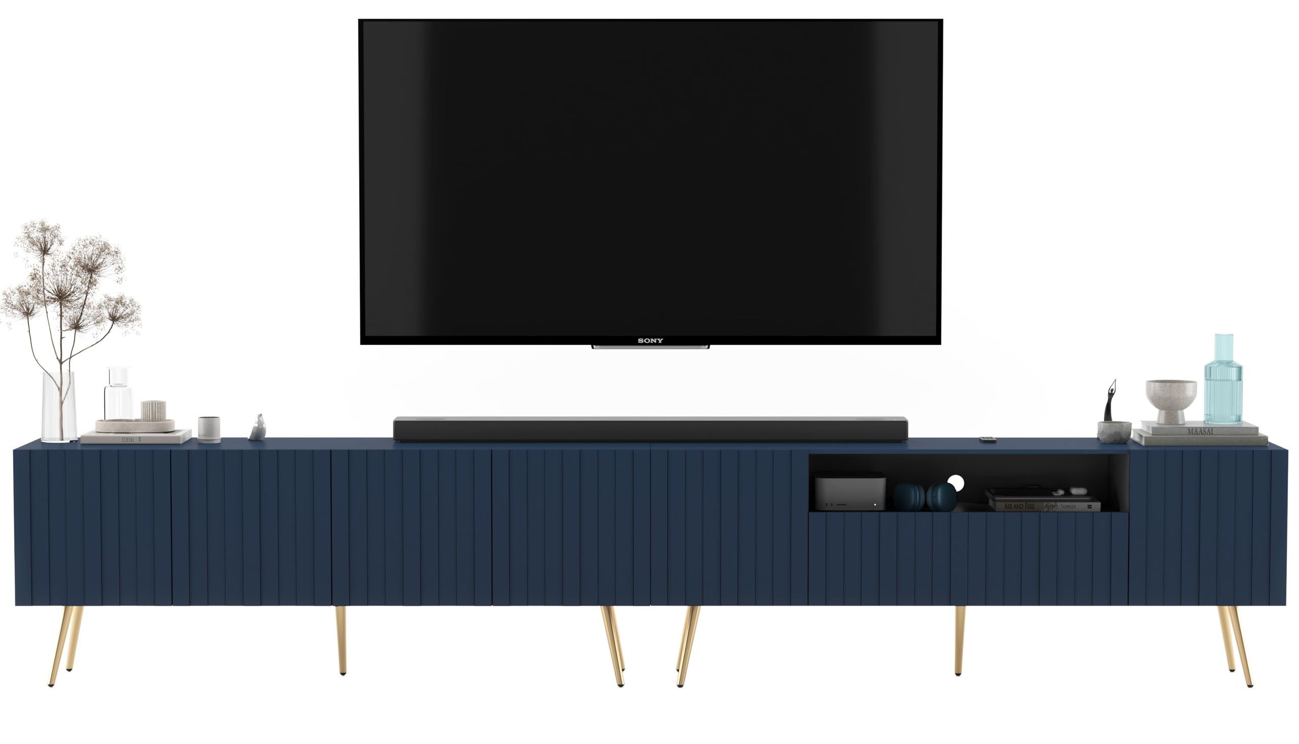 Komoda RTV Glamour 300 cm granatowy mat, złote metalowe nogi, szafka pod telewizor loft