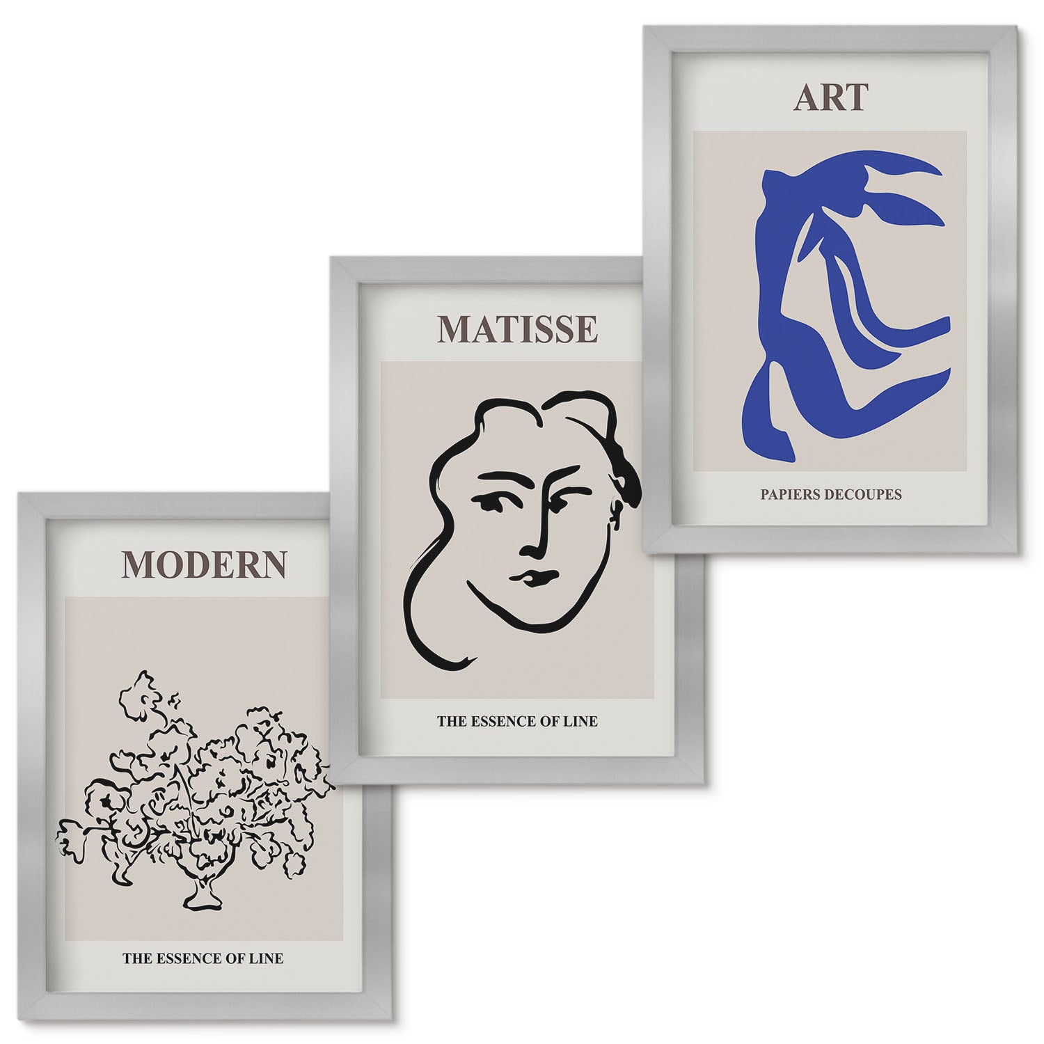 Zestaw obrazów w ramie - 3 części | Abstrakcyjne postery w minimalistycznym stylu Henri Matisse | Srebrna ramka