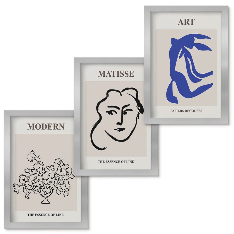 Zestaw obrazów w ramie - 3 części | Abstrakcyjne postery w minimalistycznym stylu Henri Matisse | Srebrna ramka