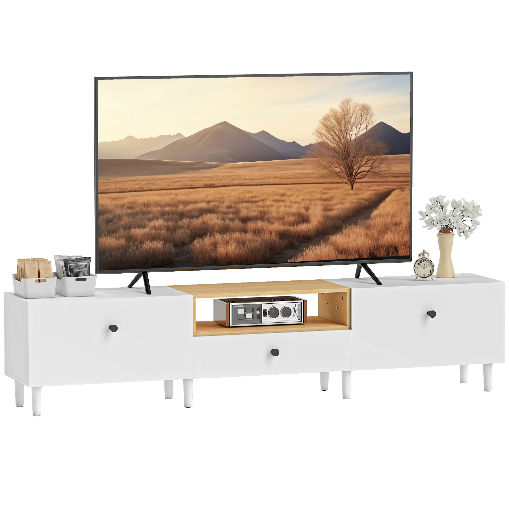 Stojak pod TV, szafka RTV do telewizorów do 90 cali z 2 drzwiami składanymi, szufladą, 200 x 35 x 45 cm, kolor biały