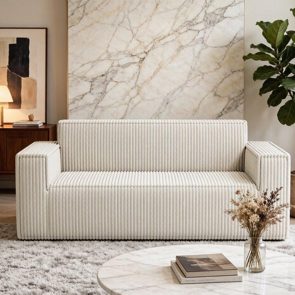 Dwuosobowa sofa z głębokim siedziskiem, aksamit sztruksowy, bez nóżek, nie wymaga montażu, łatwa do przenoszenia, biała