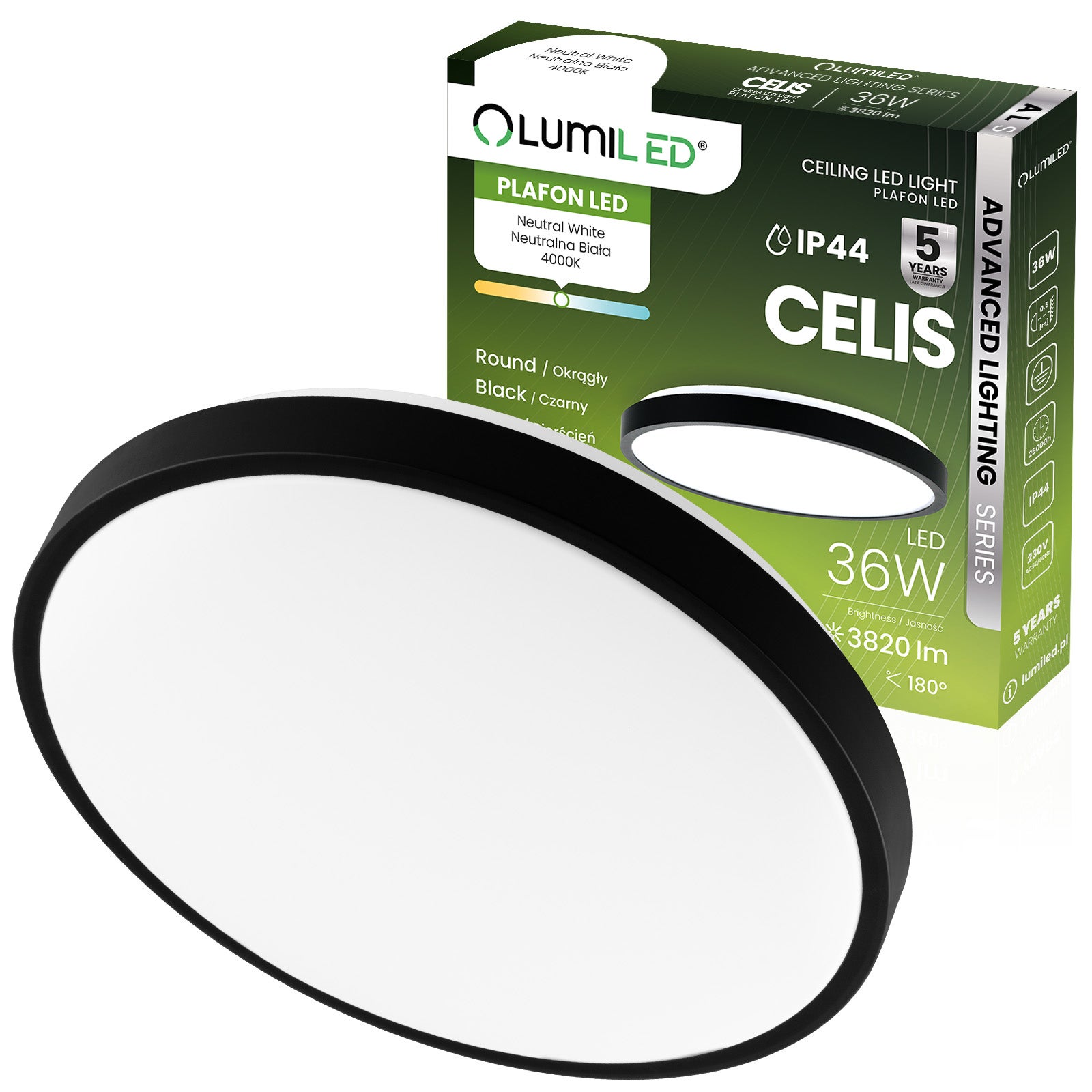 Plafon Lumiled Lampa Sufitowa Natynkowa 36W 4000K Neutralna biel Okrągły IP44 Czarny 1 szt.