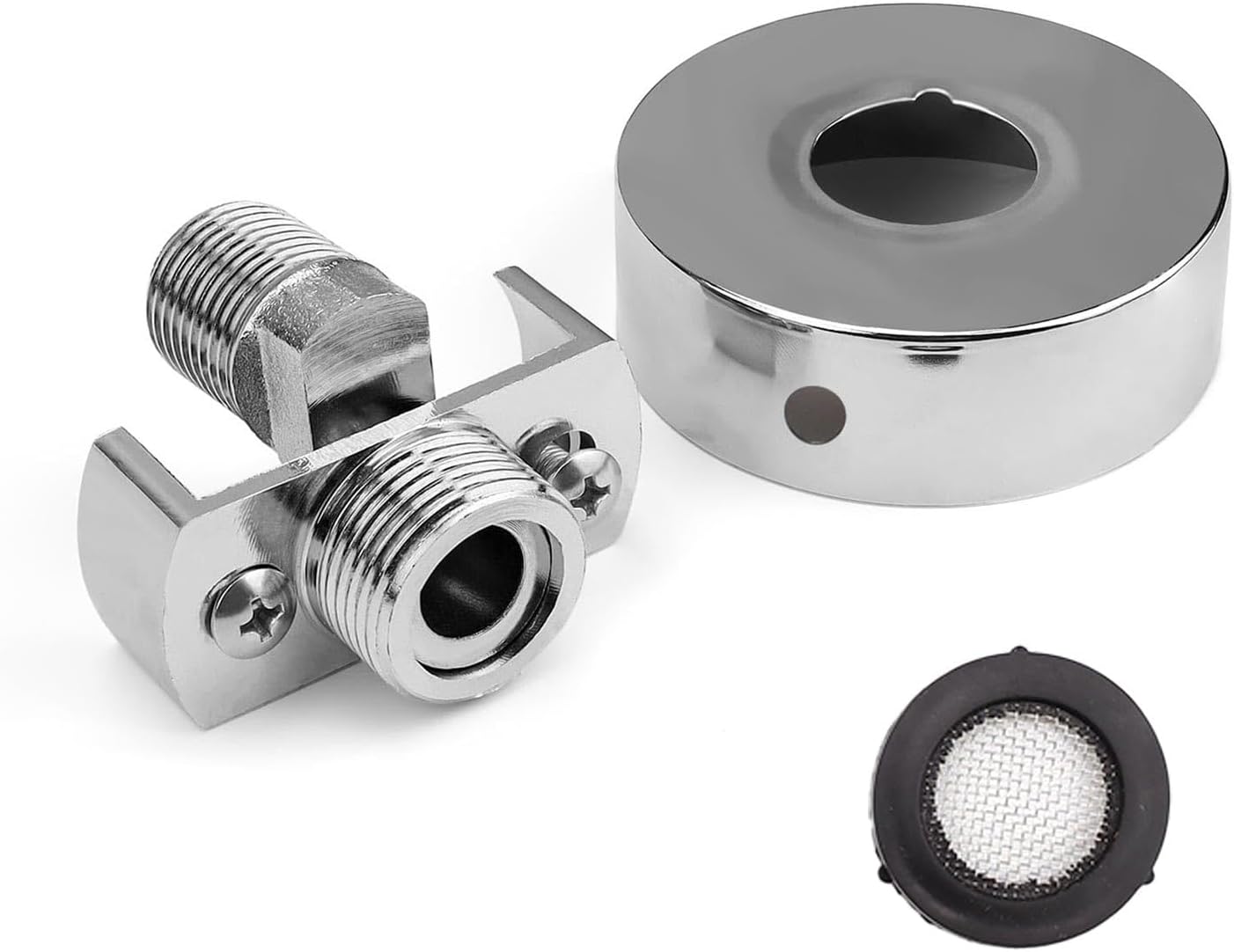Adapter kranowy do prysznica M20, mosiężna głowica obrotowa, srebrny, proces galwanizacji, z osłoną dekoracyjną, mimośrodowy łącznik mieszacza, długi.