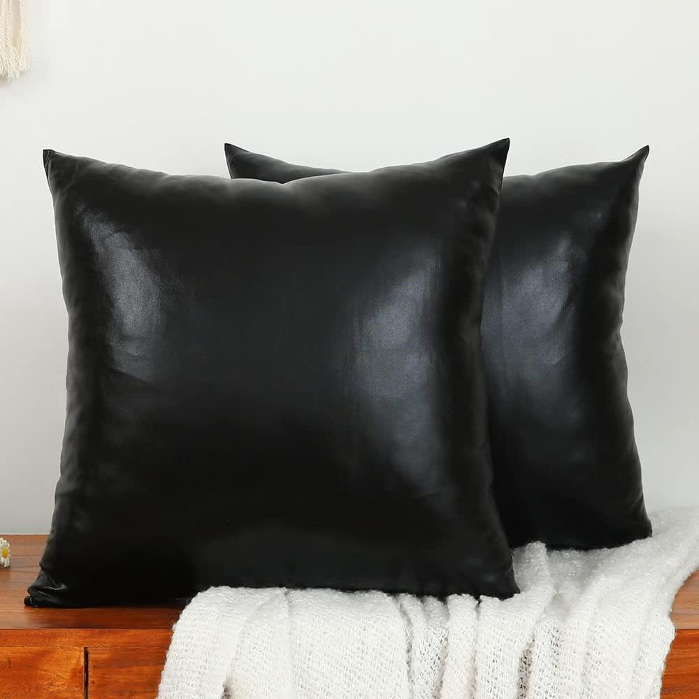 Zestaw 2 dekoracyjnych poszewek na poduszki ze skóry ekologicznej, w nowoczesnym jednolitym kolorze,sofa rozkładana, 45 x 45 cm,kolor czarny