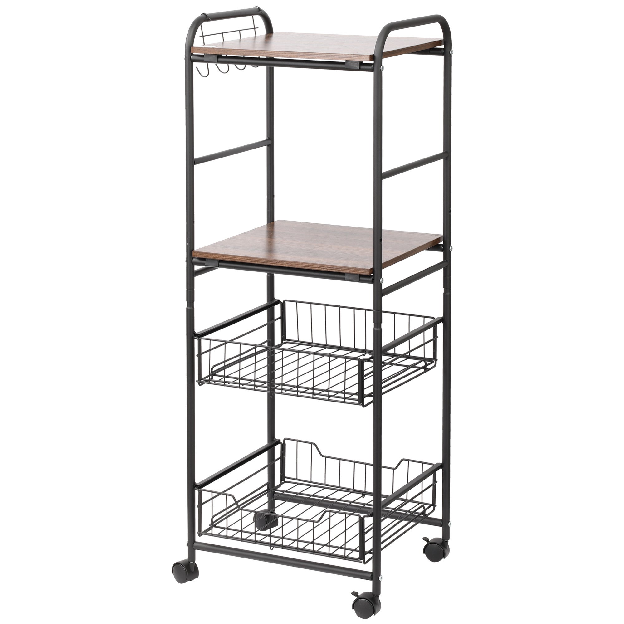 Auxiliary Przechowywanie Wózek z 2 Półki, 2 Removable Baskets i 4 Hooks, 40x38x111 cm, Walnut i Czarny