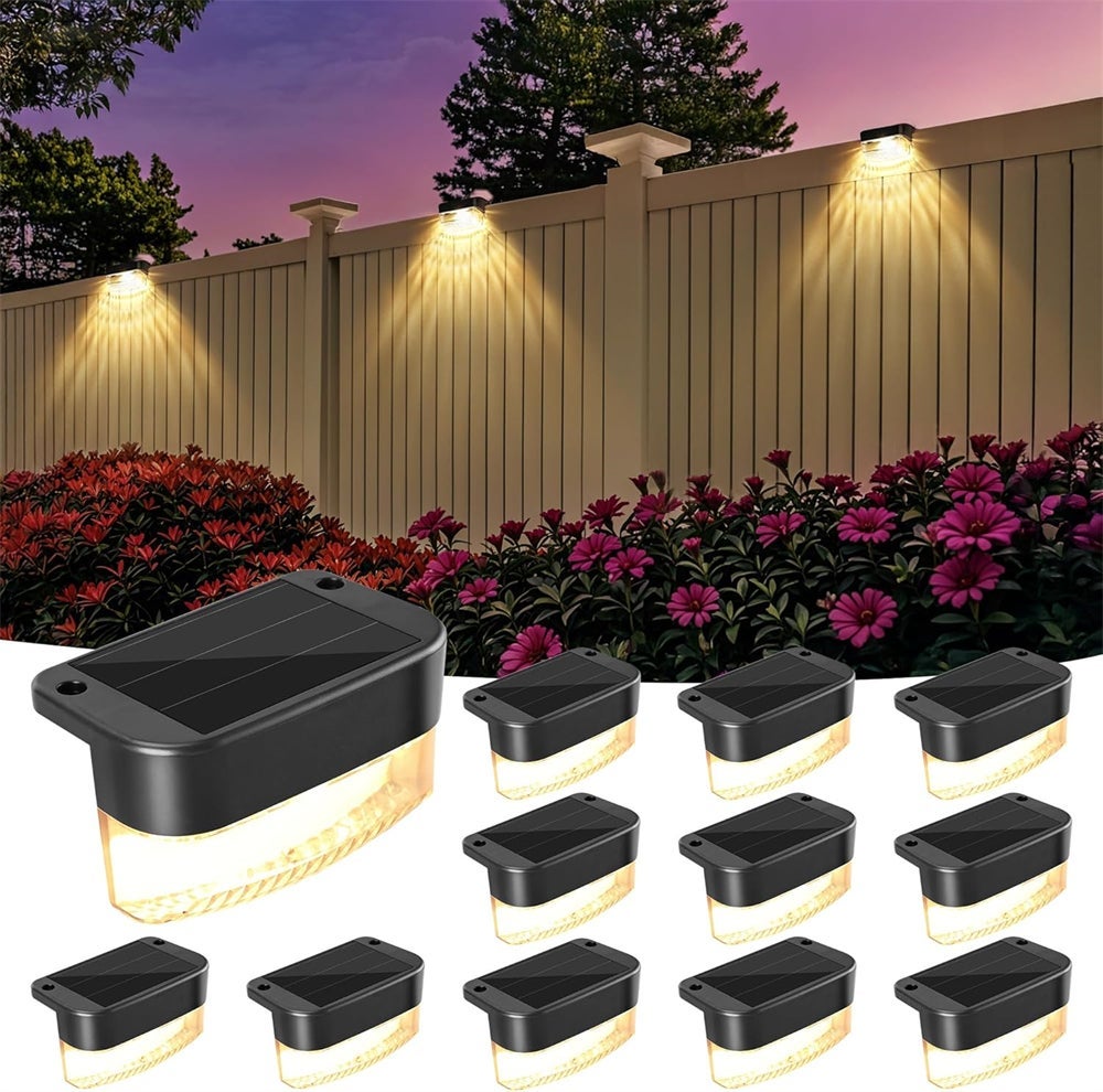 Zestaw 8 lamp solarnych LED do użytku na zewnątrz, wodoodpornych, idealnych do oświetlenia schodów, ogrodzeń, tarasów i schodów, w ciepłym białym kolo