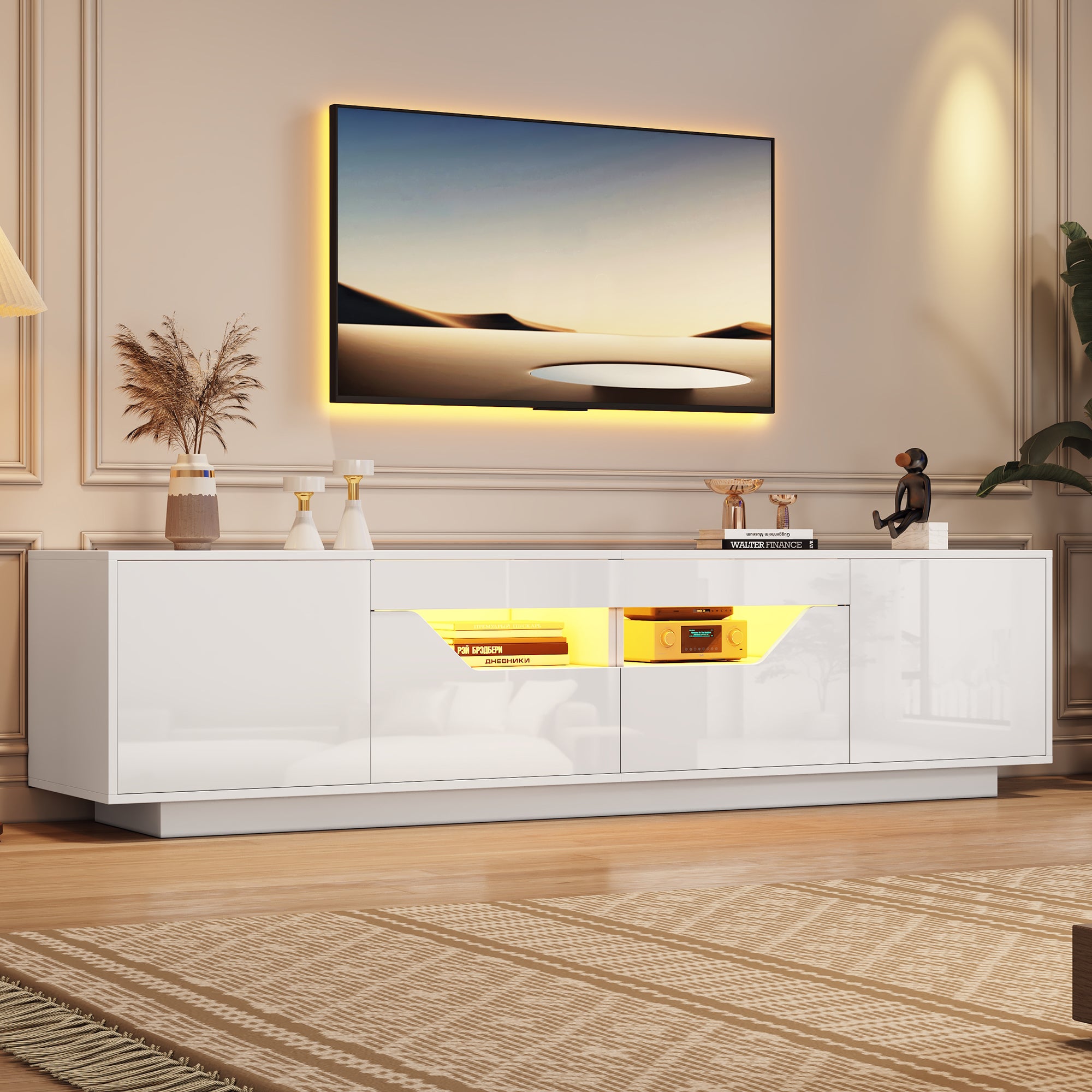 180*40*45cm Stojąca szafka pod TV, niska szafka z 2 szufladami i 2 szafkami, Szafka pod TV o wysokim połysku z oświetleniem LED, Szafka pod TV