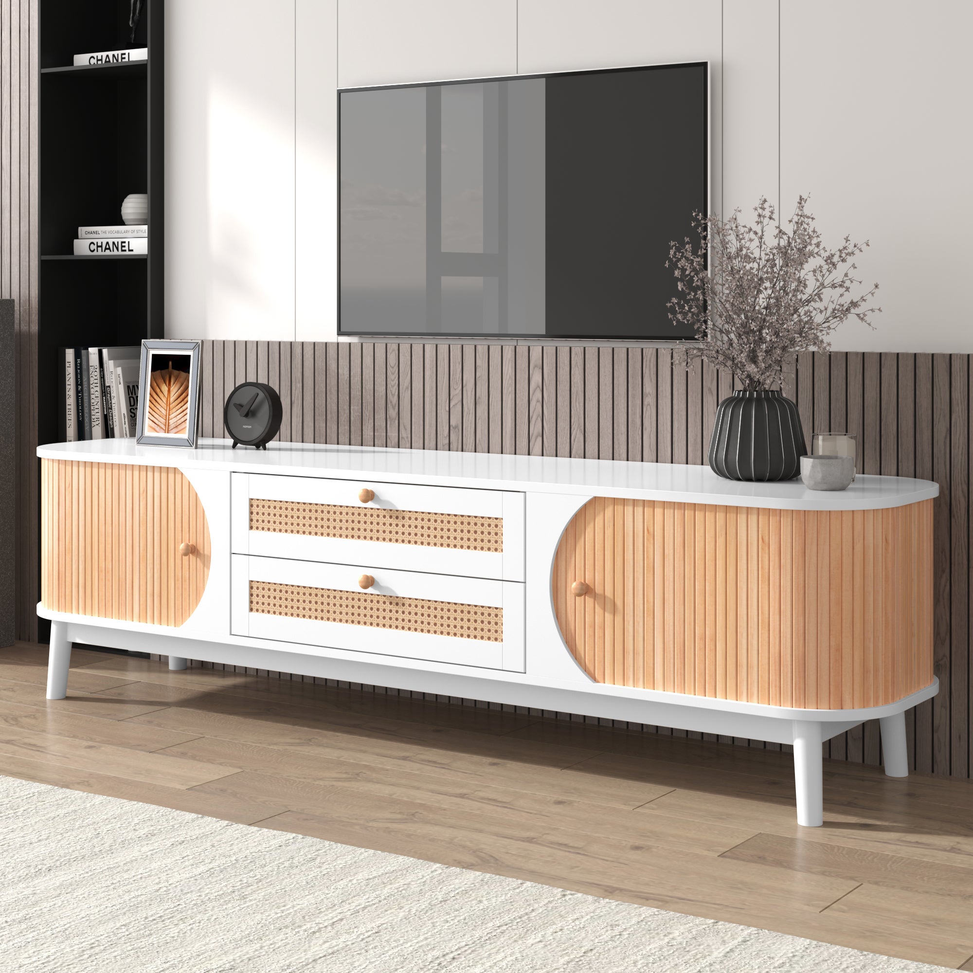 TV-Schrank z drzwiami i szufladami - Rattan - 170x39,5x46 cm - Naturalny styl domek