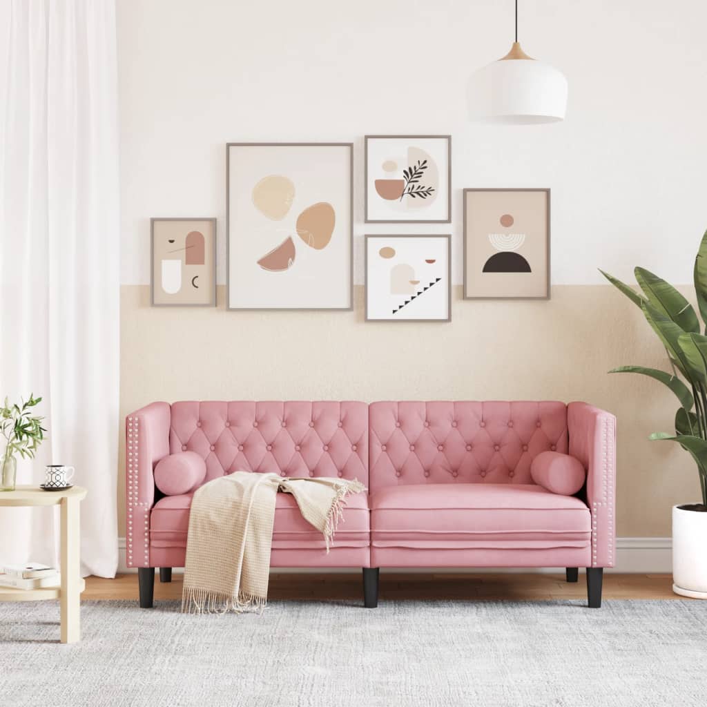 Sofa Chesterfield z wałkami, dwuosobowa, różowa, aksamit
