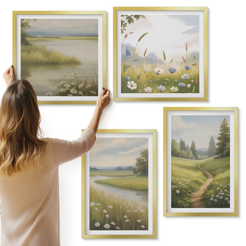 Galeria ścienna 4-częściowy komplet obrazów w złotych ramach - Wiosenny krajobraz z rzeką ścieżką i łąką kwiatów - ArtPrintCave