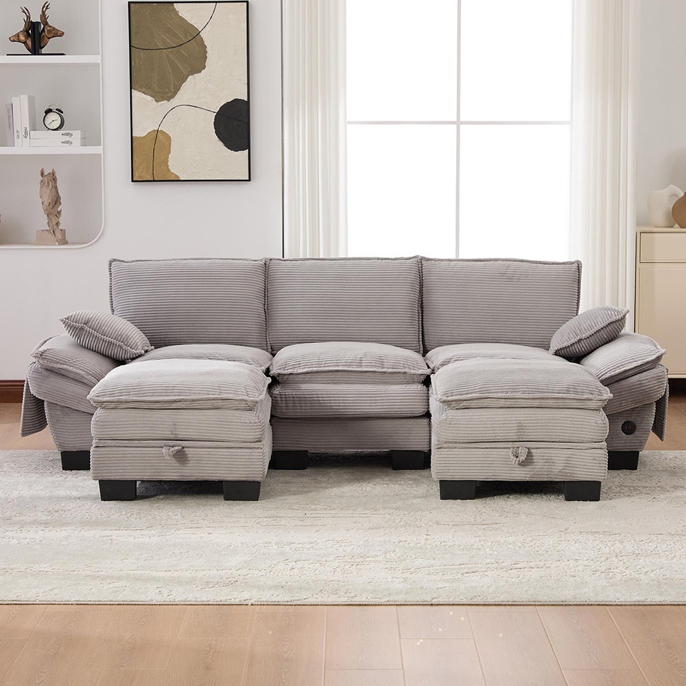 3-osobowa sofa z aksamitu w prążki, z dwoma podnóżkami, pianką o wysokiej gęstości, portem USB-C i kieszeniami bocznymi, jasnoszara