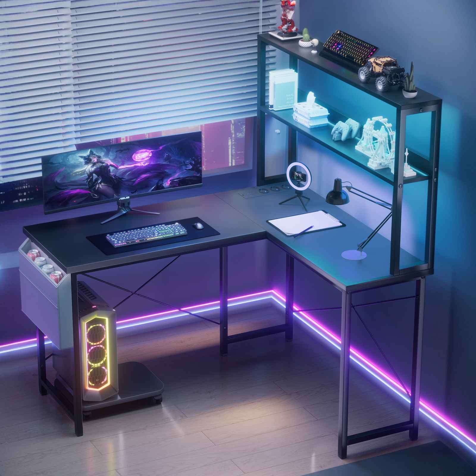 Biurko gamingowe o szerokości 135 cm z oświetleniem LED i gniazdkami elektrycznymi; biurko narożne 53" z półkami i wieszakami