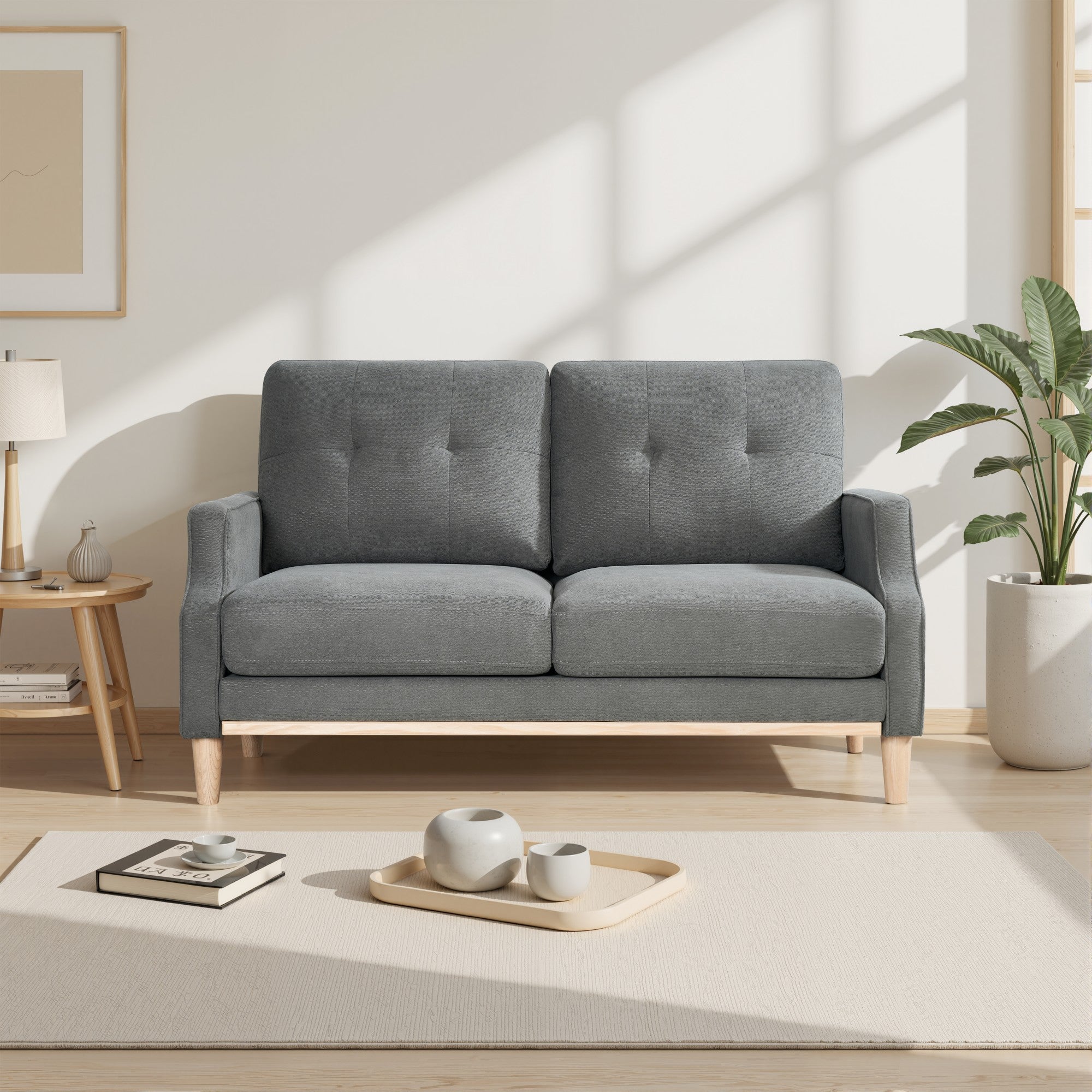 Dwuosobowa sofa z portami USB i drewnianymi nóżkami, z grubymi poduszkami, ciemnoszara