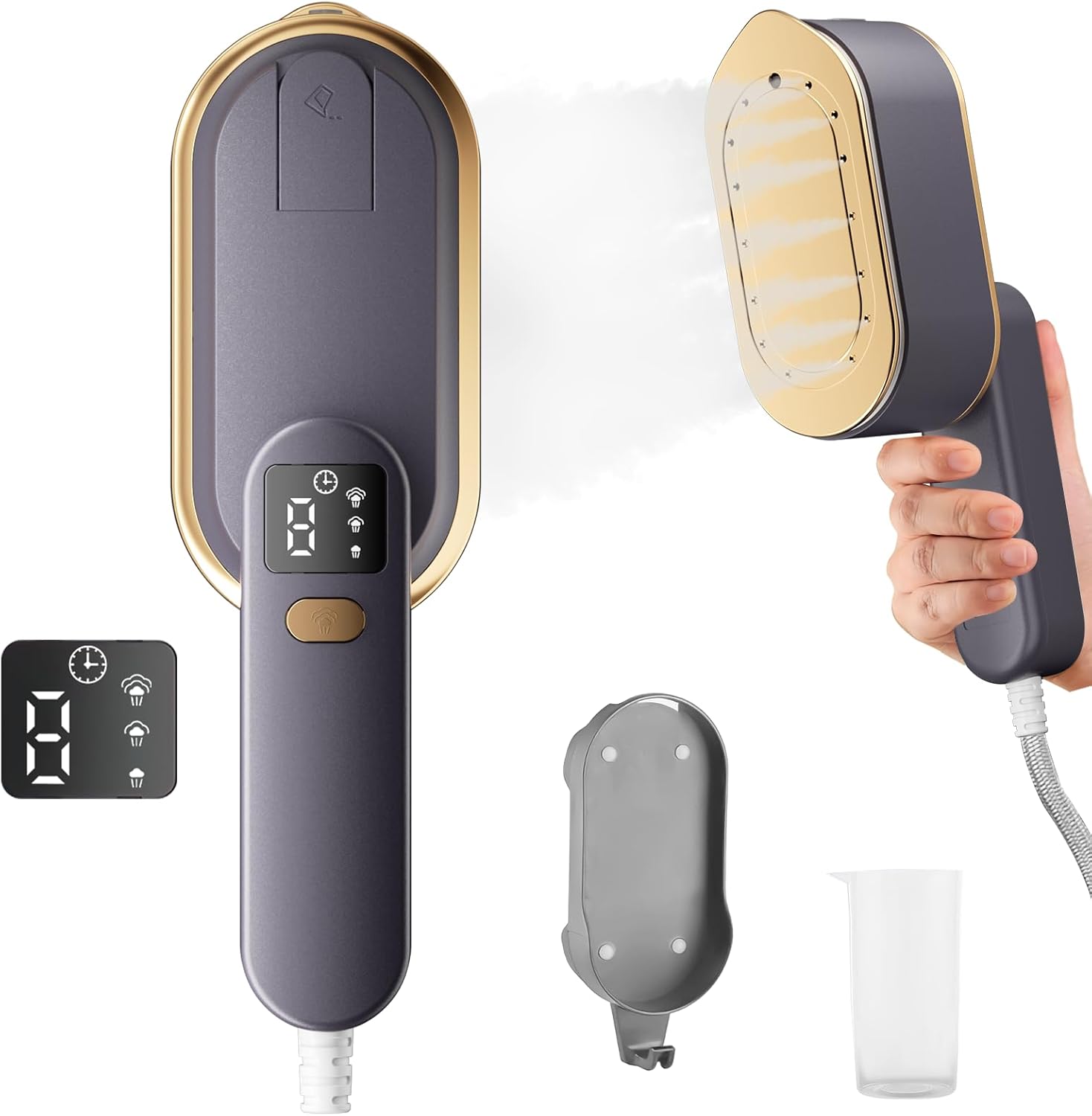 Żelazko parowe podróżne z ekranem LCD, 10S, szybkie nagrzewanie, 2000 W, z obrotową rączką o 180°, przenośna parownica do ubrań, 3 poziomy pary (szary