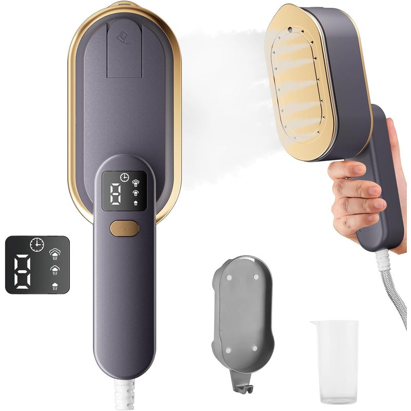 Żelazko parowe podróżne z ekranem LCD, 10S, szybkie nagrzewanie, 2000 W, z obrotową rączką o 180°, przenośna parownica do ubrań, 3 poziomy pary (szary