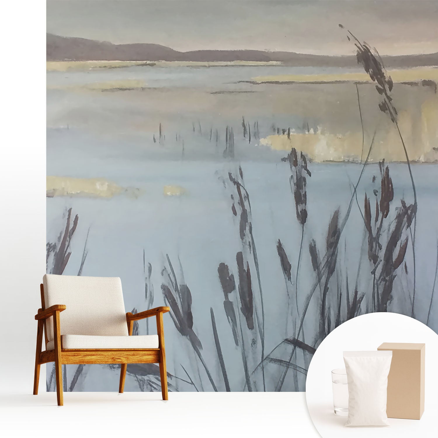 Tapeta dekoracyjna flizelinowa nowoczesny motyw elegancka stylowa praktyczna powierzchnia - Jezioro z trzcinami refleksyjna przestrzeń - 250x250