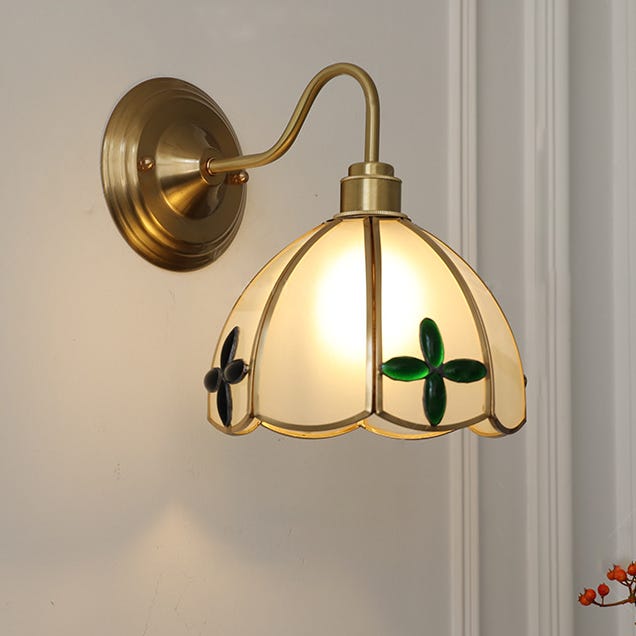 Kinkiet, lampka nocna w stylu retro, mosiężny kinkiet ze szklanym kloszem, lampa ścienna do wnętrz (żarówka w zestawie), ciepłe światło 3000K