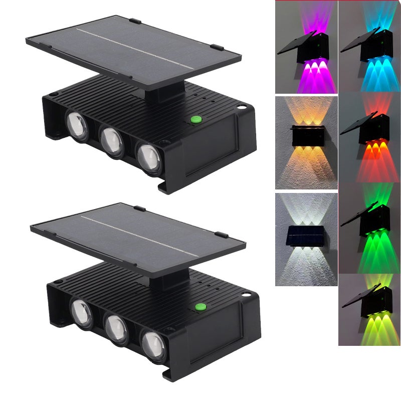 Pakiet 2 zewnętrznych lamp solarnych do ogrodzenia, kinkiety solarne LED górne i dolne, dekoracyjne lampy słoneczne IP65, RGB