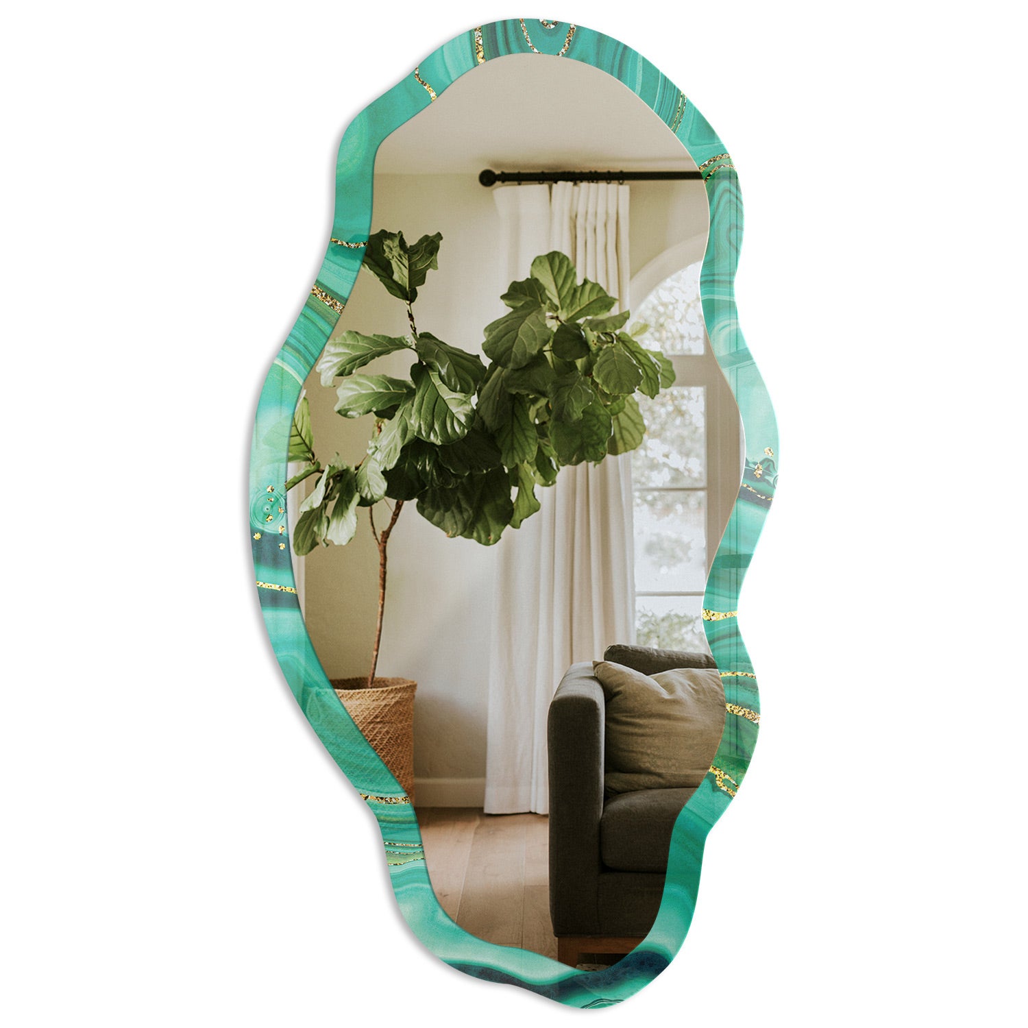 Designerskie lustro z nadrukiem na szklanej ramie - Zielona abstrakcja 52x97cm