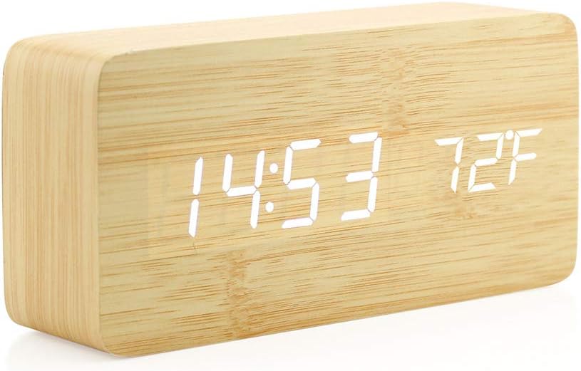 Drewniany cyfrowy budzik, wielofunkcyjny budzik LED z drewna z zasilaniem USB, sterowaniem głosowym, timerem i termometrem - Bambus