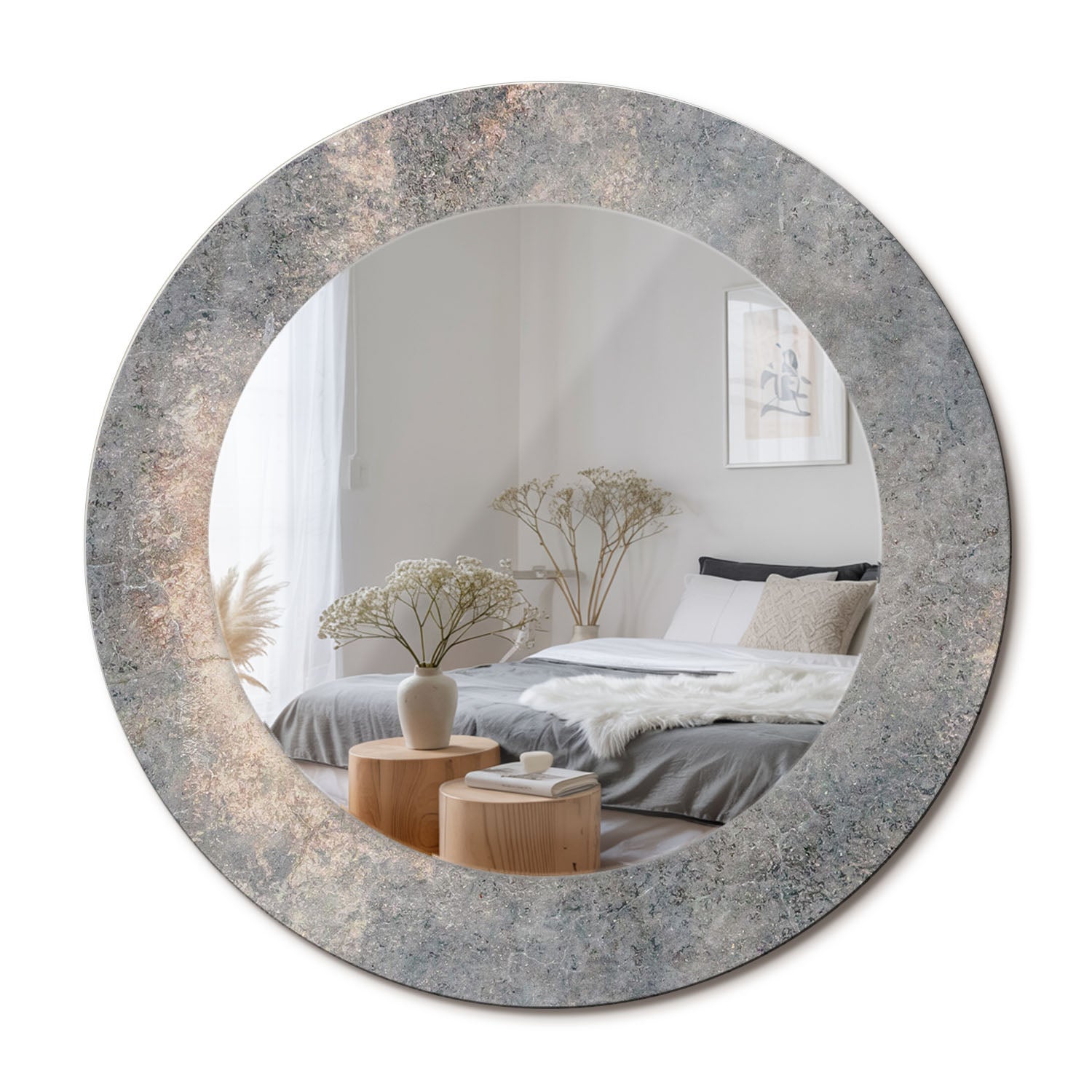 Eleganckie lustro ścienne – okrągła forma, szklana rama z grafiką Vintage beton - 50 cm - ArtPrintCave