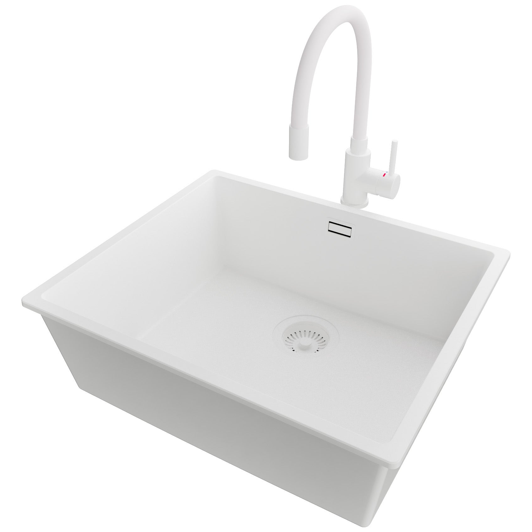 Zlewozmywak Granitowy Cały Biały 56x47cm, Zlew Kuchenny 1 Komorowy + Bateria 38x14cm + Syfon, Nablatowy do szafki od 60cm - Londyn Slim PRIMAGRAN