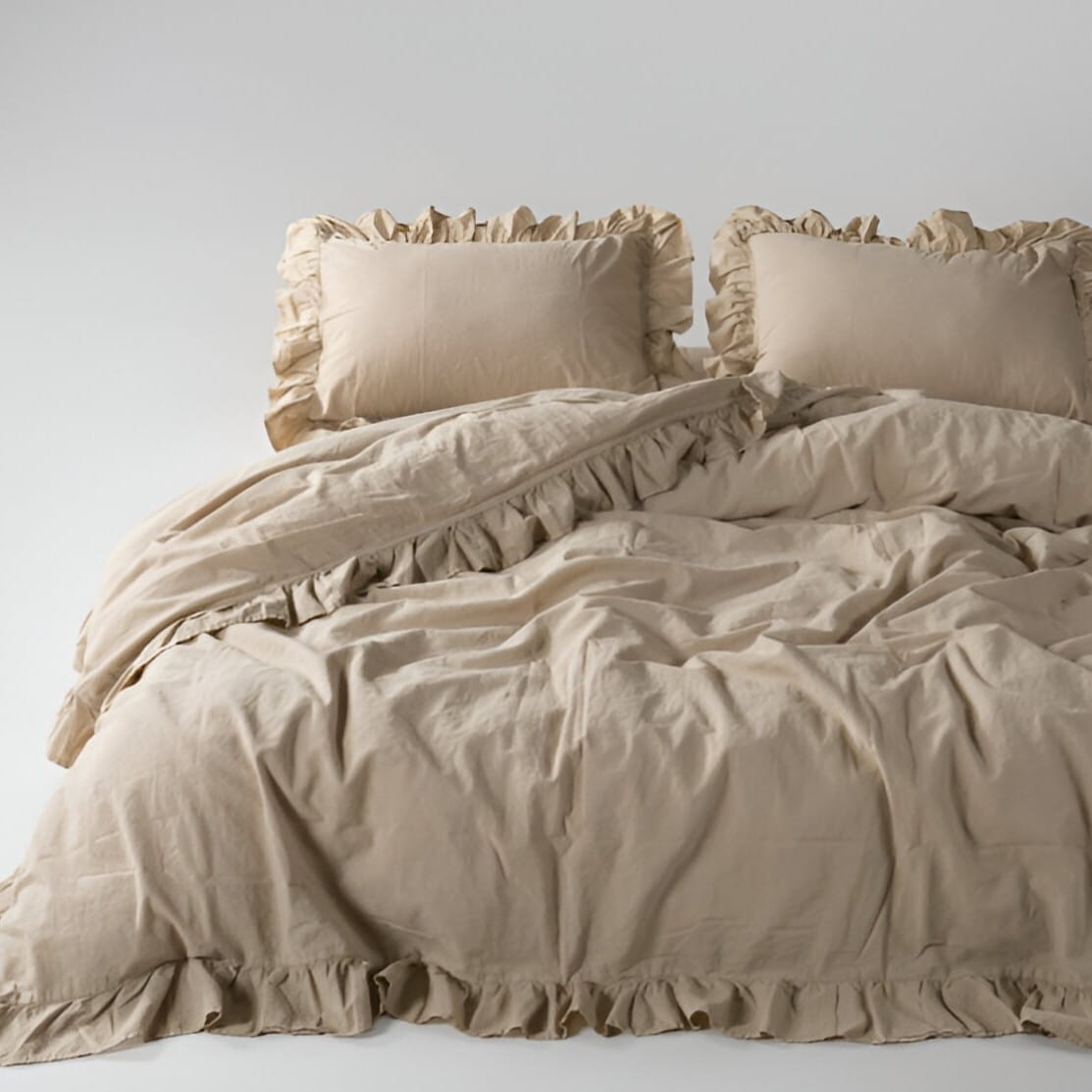 Pościel bawełniana z falbanką 220x200 Stonewashed Exclusive, Oxfordtan, beżowa - Limasso