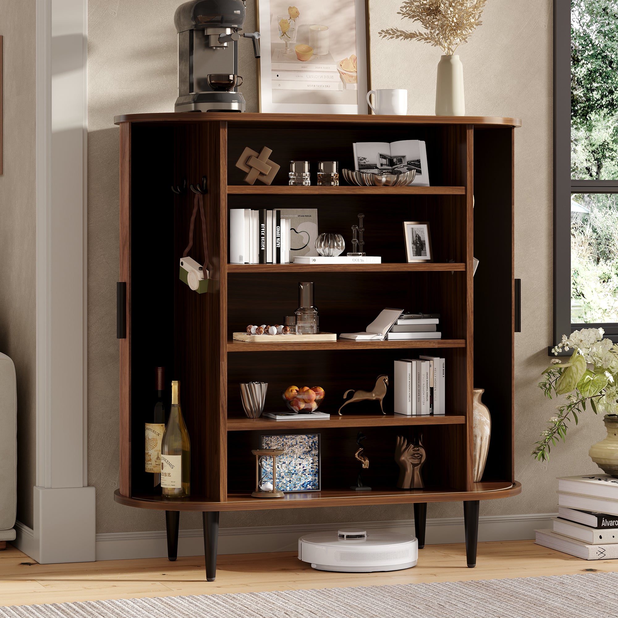 Szafka na buty z 2 drzwiami przesuwnymi i 4 wieszakami - MDF i płyta wiórowa - 85 x 43 x 90 cm - Drewno naturalne