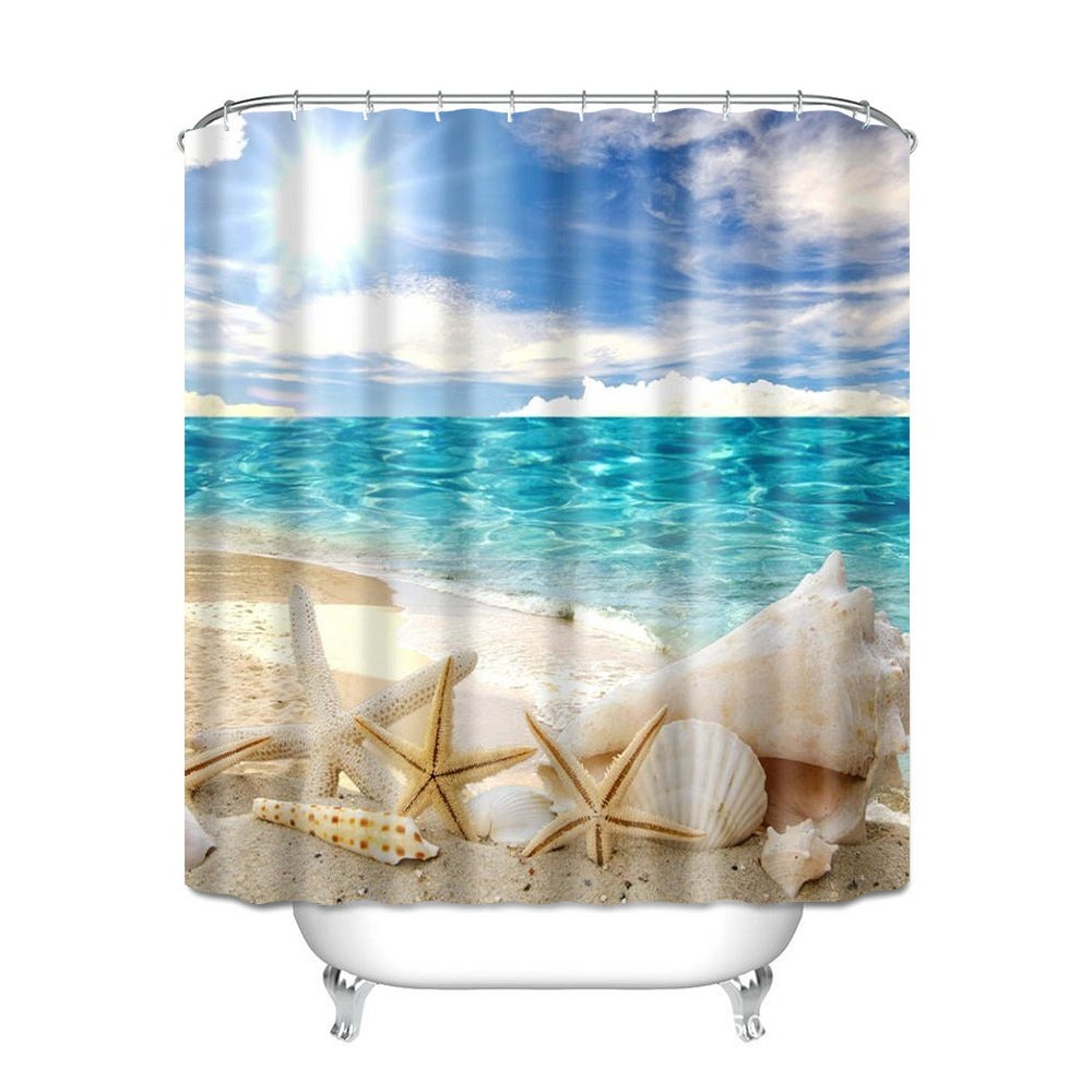 Zasłona prysznicowa z tkaniny poliestrowej, wodoodporna podszewka zasłony prysznicowej, wzór muszelek plażowych 3D, zasłona łazienkowa (180 x 200 cm)