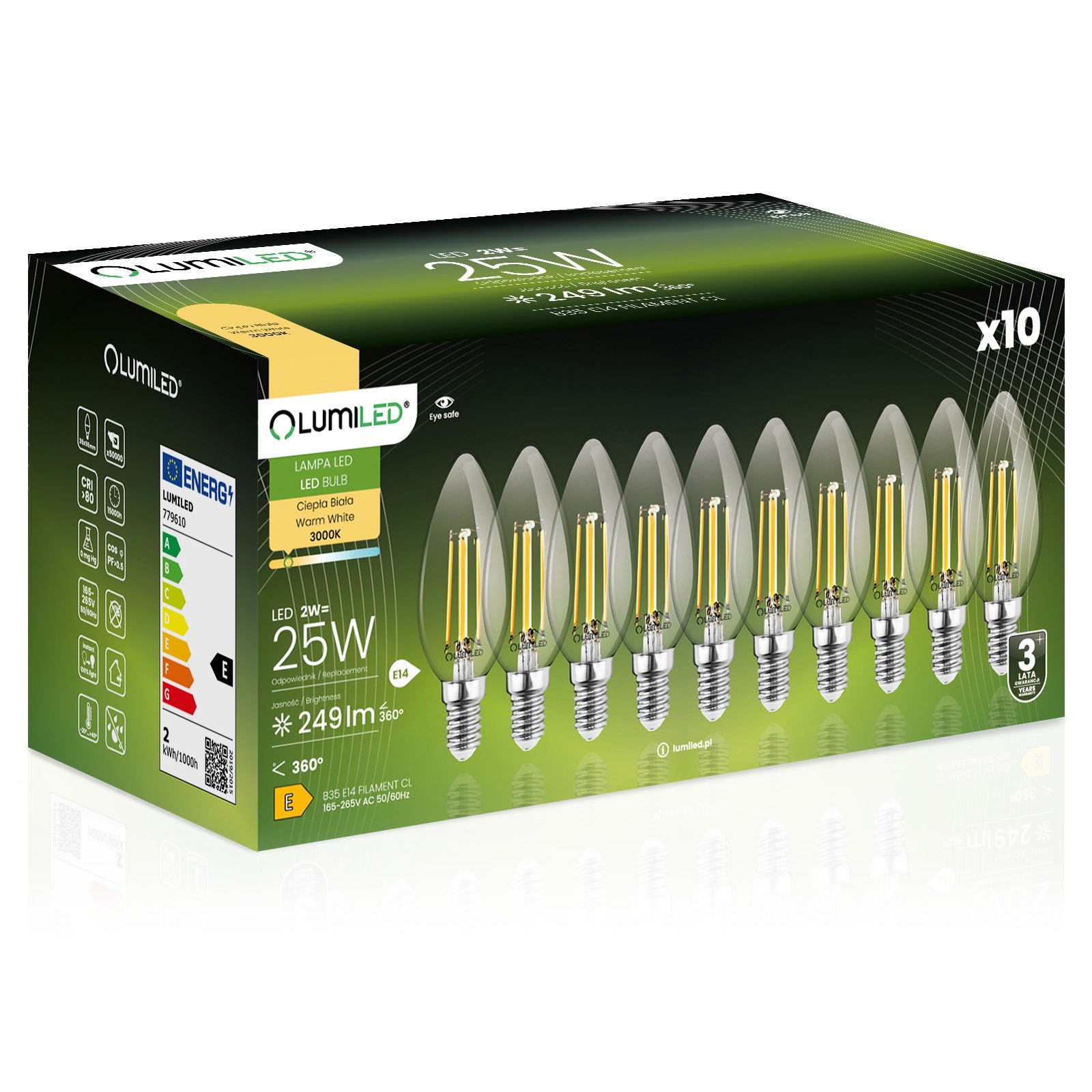 Żarówka LED Lumiled E14 Świeczka B35 2W 249lm 3000K Ciepła biel 360st Filament 10 szt.