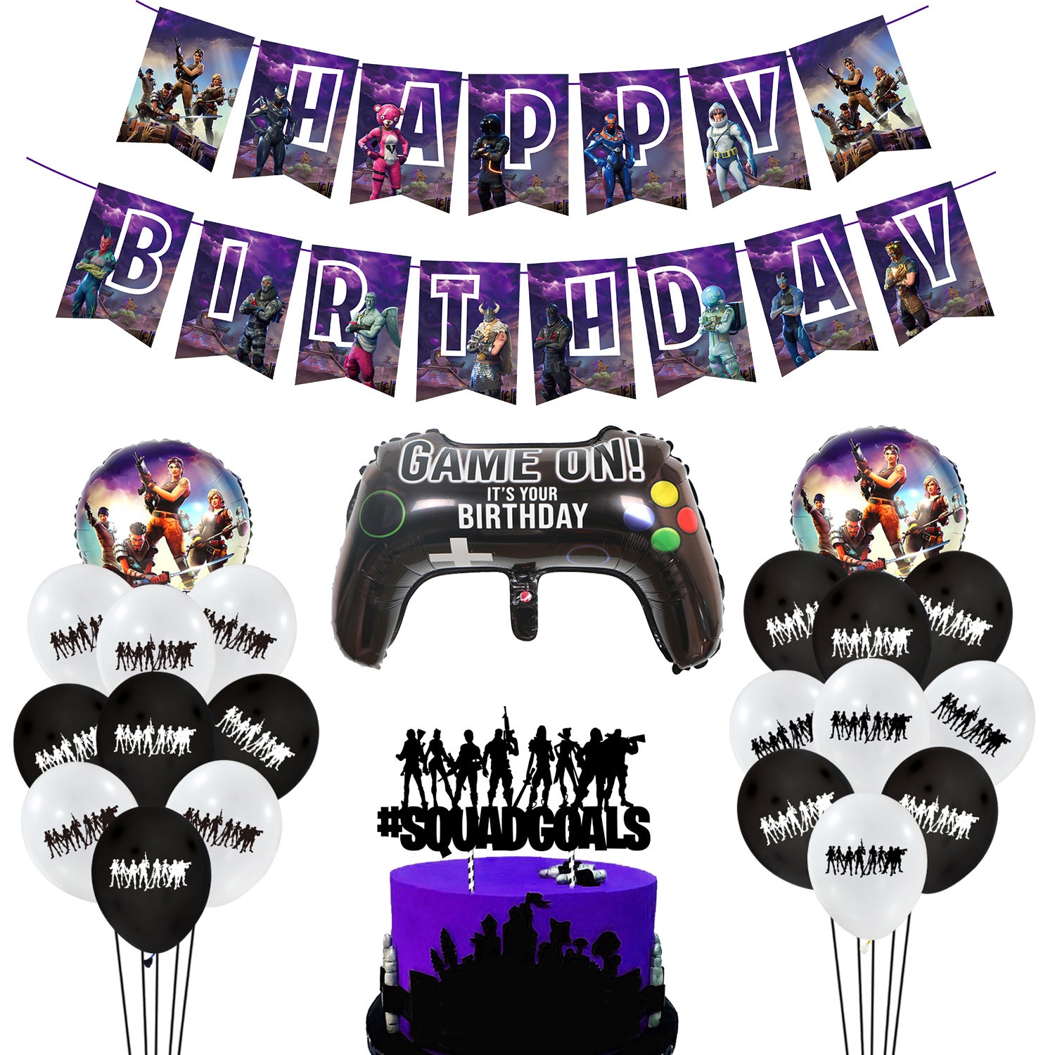 Zestaw na przyjęcie urodzinowe w tematyce gier wideo: wiszący baner „Wszystkiego najlepszego z okazji urodzin”, dekoracja tortu, balony foliowe
