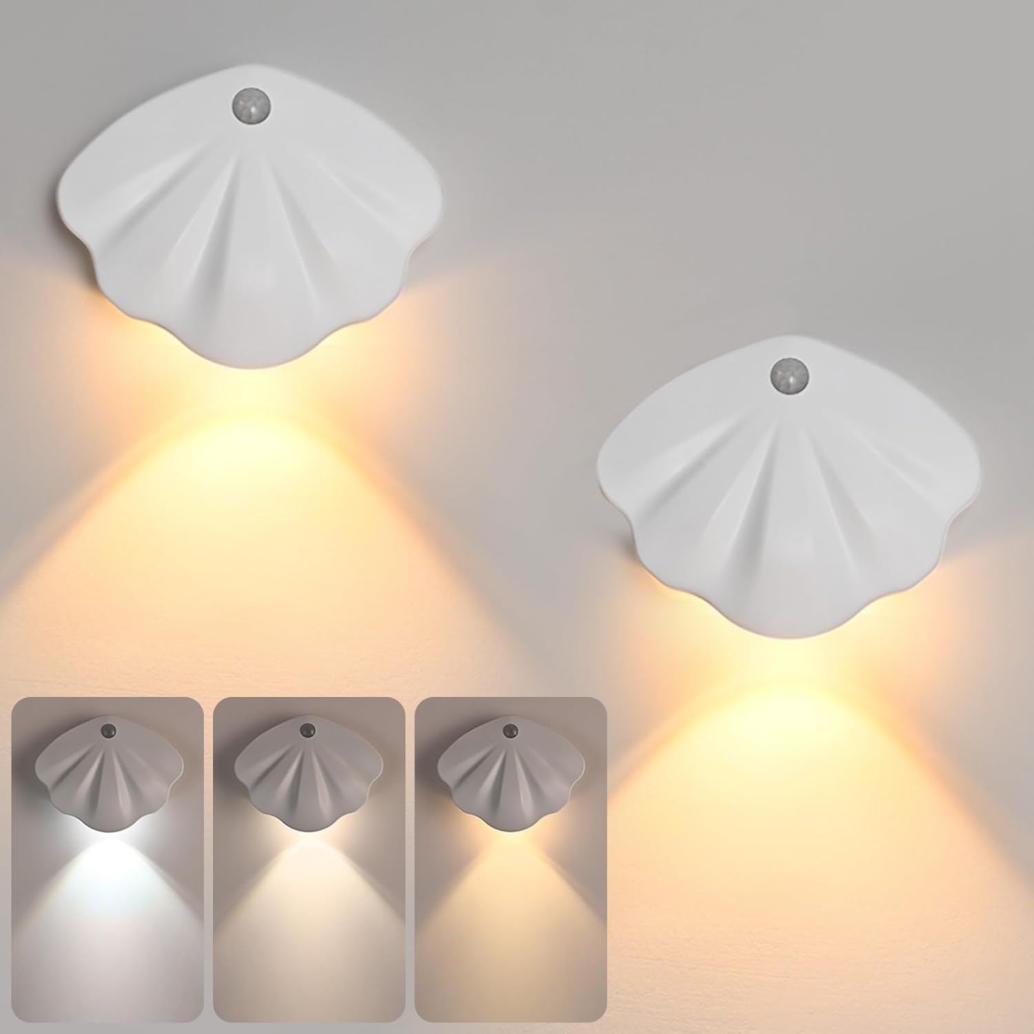 Niestandardowa lampa ścienna w kształcie muszli, ładowana przez USB, z czujnikiem ruchu, 3 tryby oświetlenia, zestaw 2 sztuk, biała.