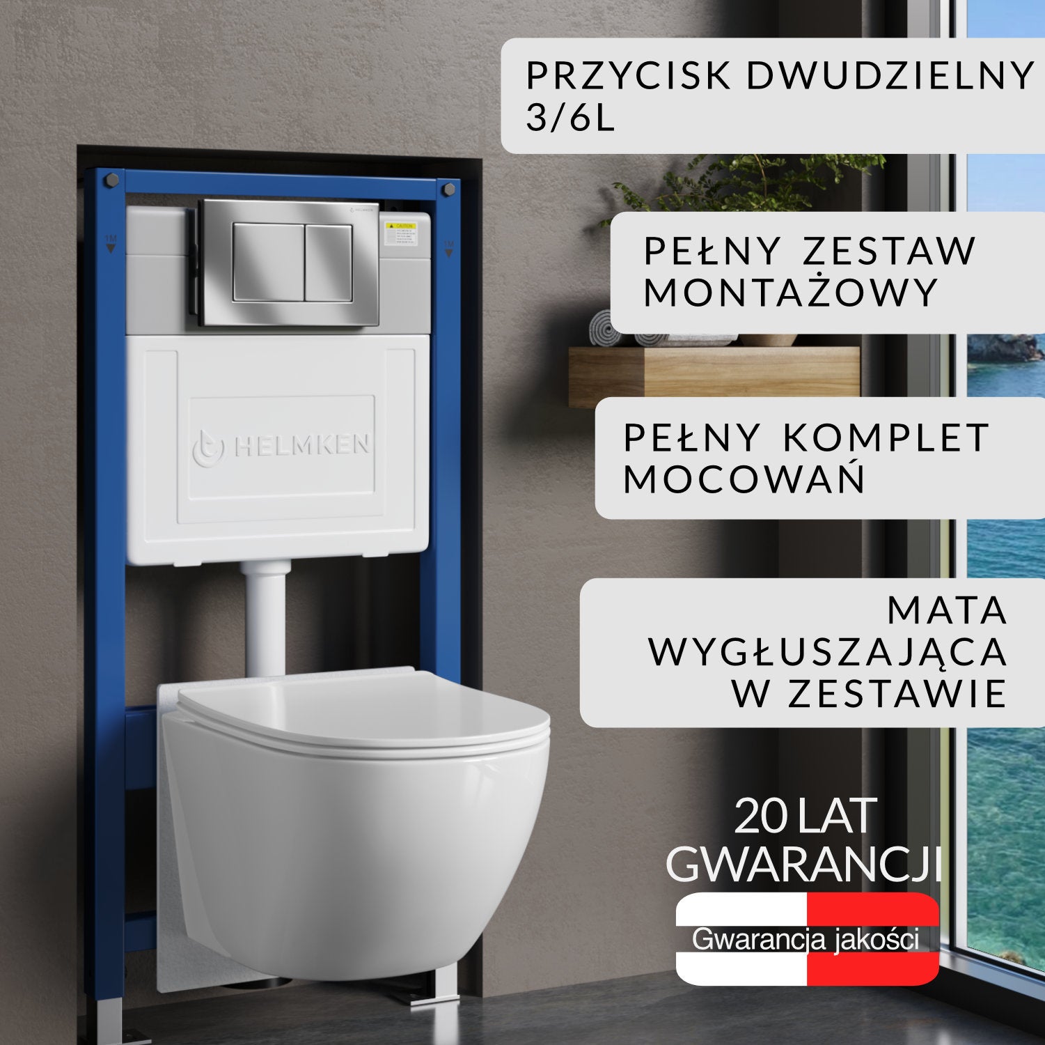 Zestaw podtynkowy WC Helmken 5w1: Stelaż, Chrom Przycisk(J), Miska bezkołnierzowa Rimless 35103001B (Biała), Deska wolnoopadająca, Mata