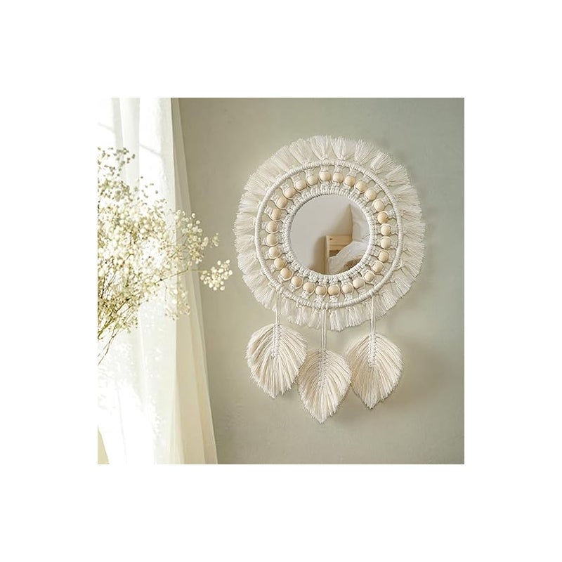 Lustro ścienne 1szt, lustro Boho Macramé Fringe z zawieszką Boi Bead Feather (beżowe)