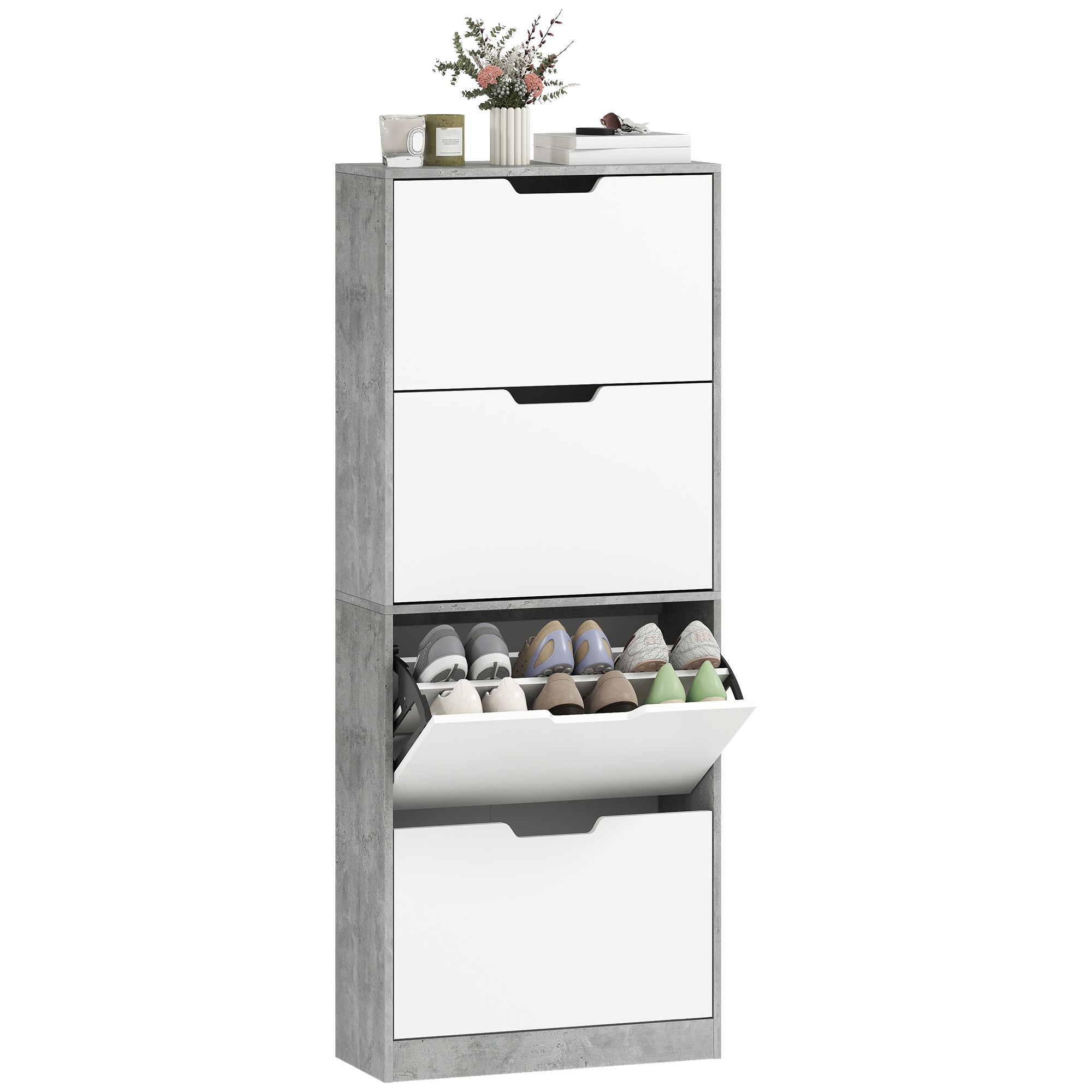 Półka na buty 4 odwracalne półki, regulowane, 16 par, uchwyt wpuszczany, 62,5x26x156 cm, Cement Grey
