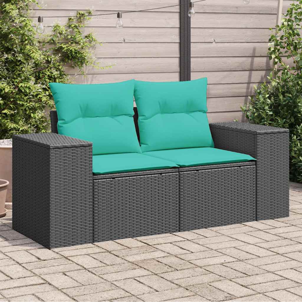 Sofa ogrodowa z poduszkami, 2-osobowa, czarna, polirattan vidaXL