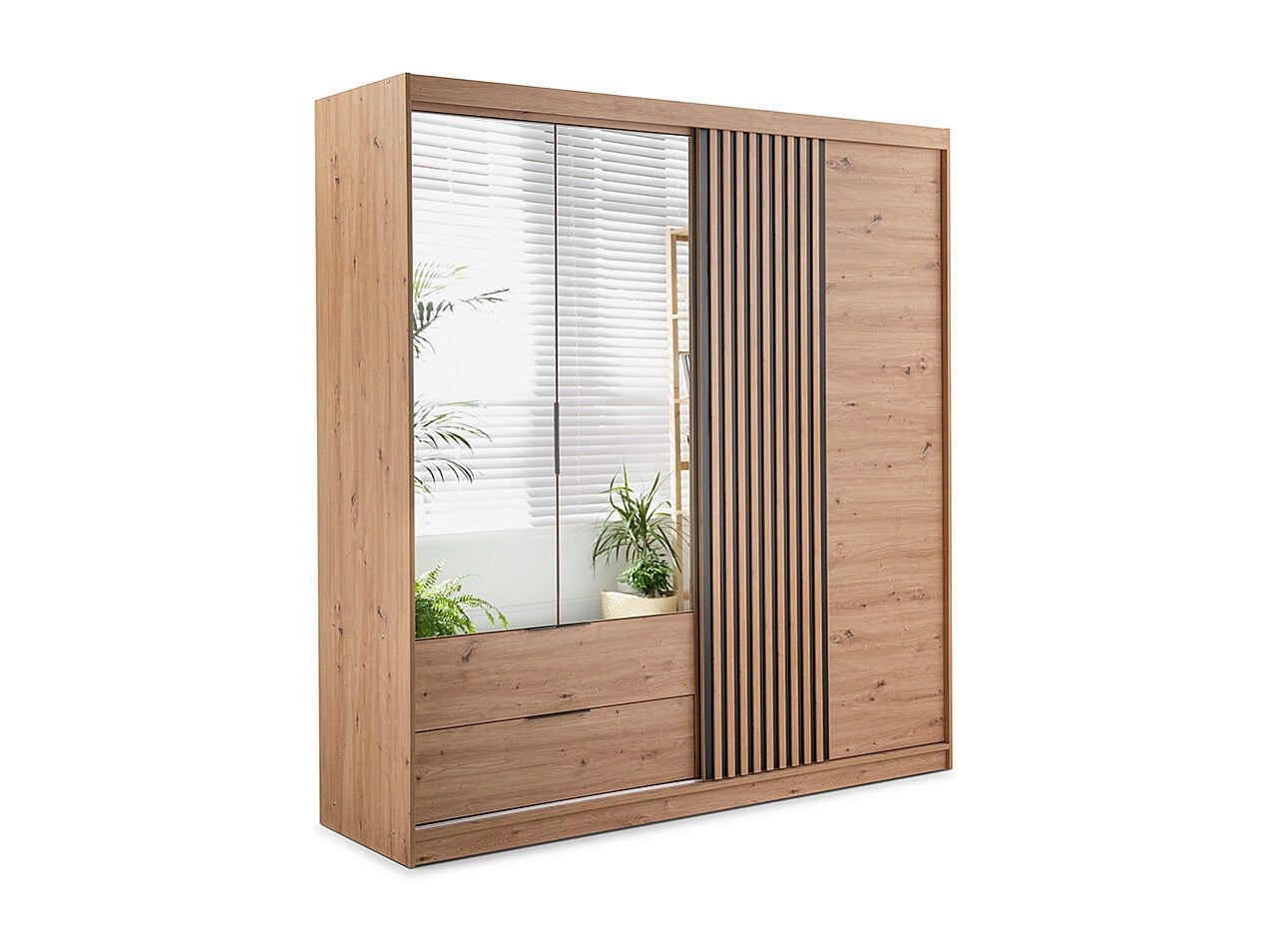 Szafa 3-drzwiowa z 2 szufladami – Z lustrem – Szerokość 203 cm – Kolor: Naturalny i czarny – SIDOVIA
