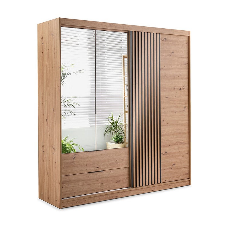 Szafa 3-drzwiowa z 2 szufladami – Z lustrem – Szerokość 203 cm – Kolor: Naturalny i czarny – SIDOVIA