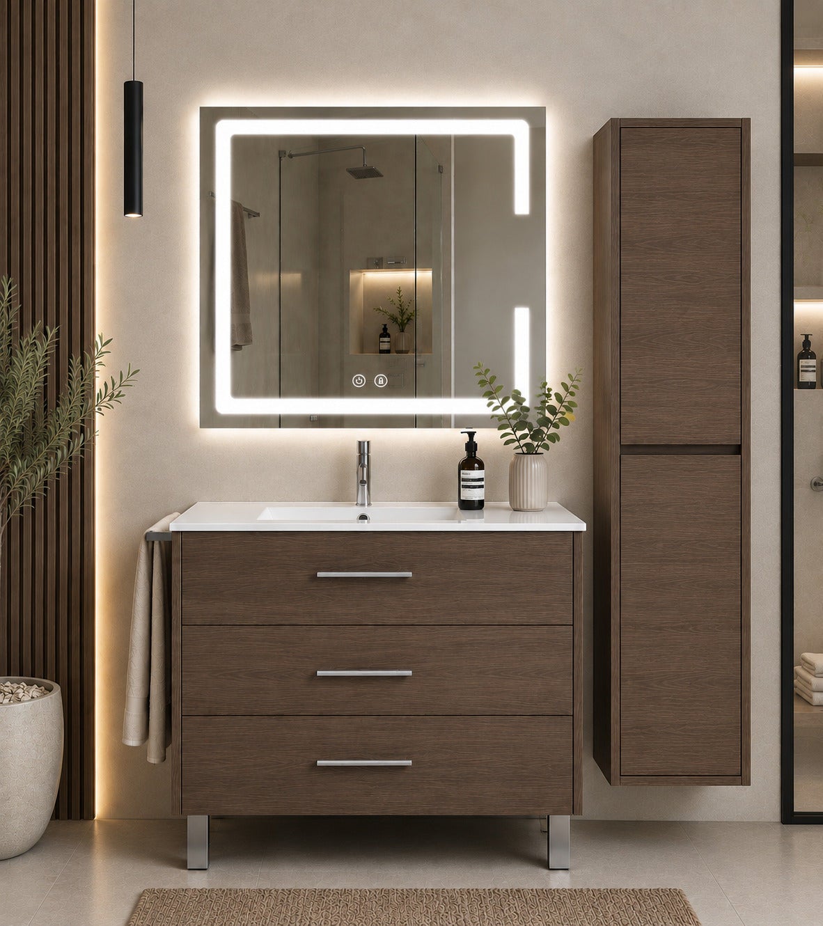 Szafka łazienkowa z umywalką ORIGENBATH RIBERA bez lustra 70x45 cm jesion tea z kolumną