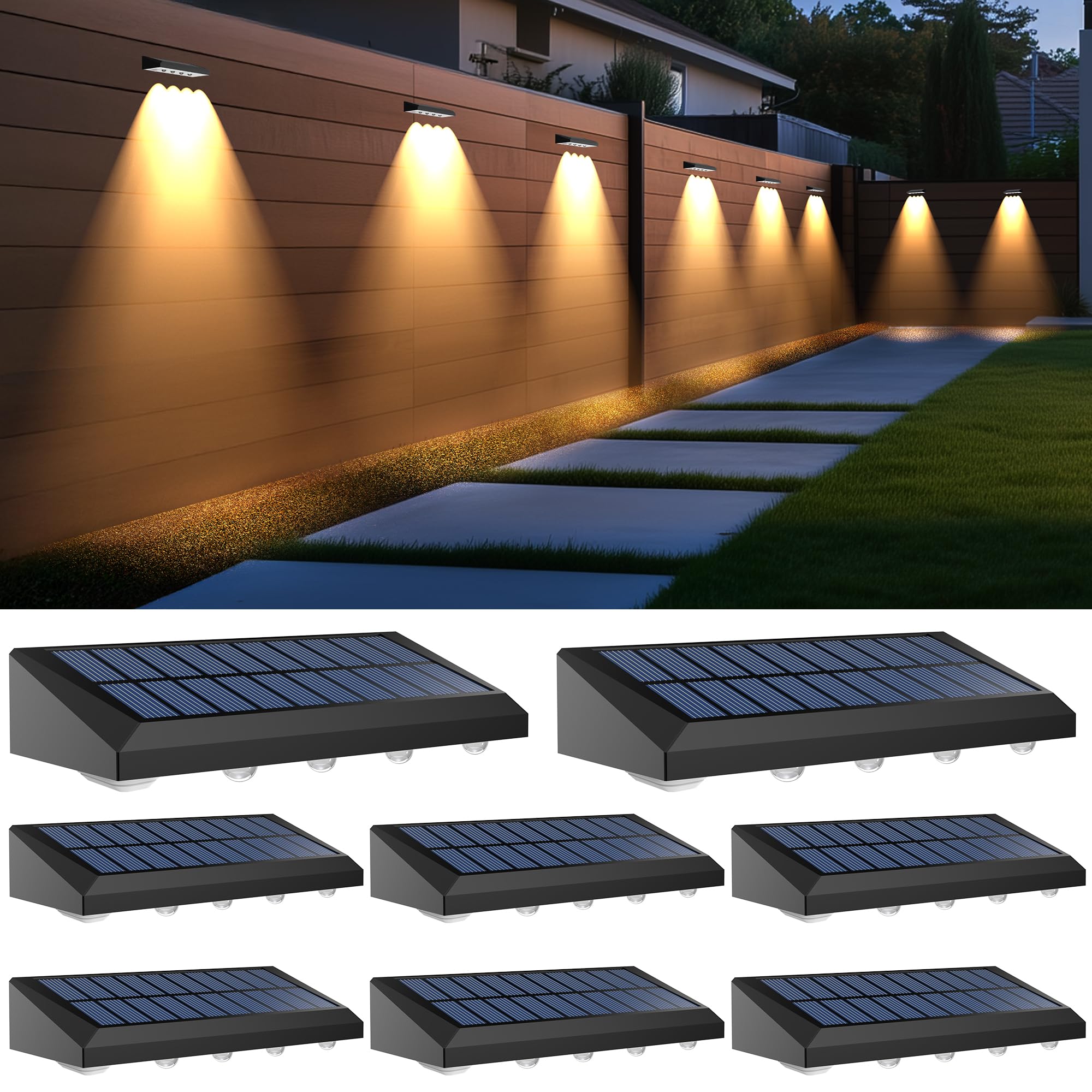 Zestaw 8 zewnętrznych lamp solarnych, 4 LED, wodoodporne IP54, na taras, ogród, balustradę, patio, schody, mur, stopień, ciepłe światło