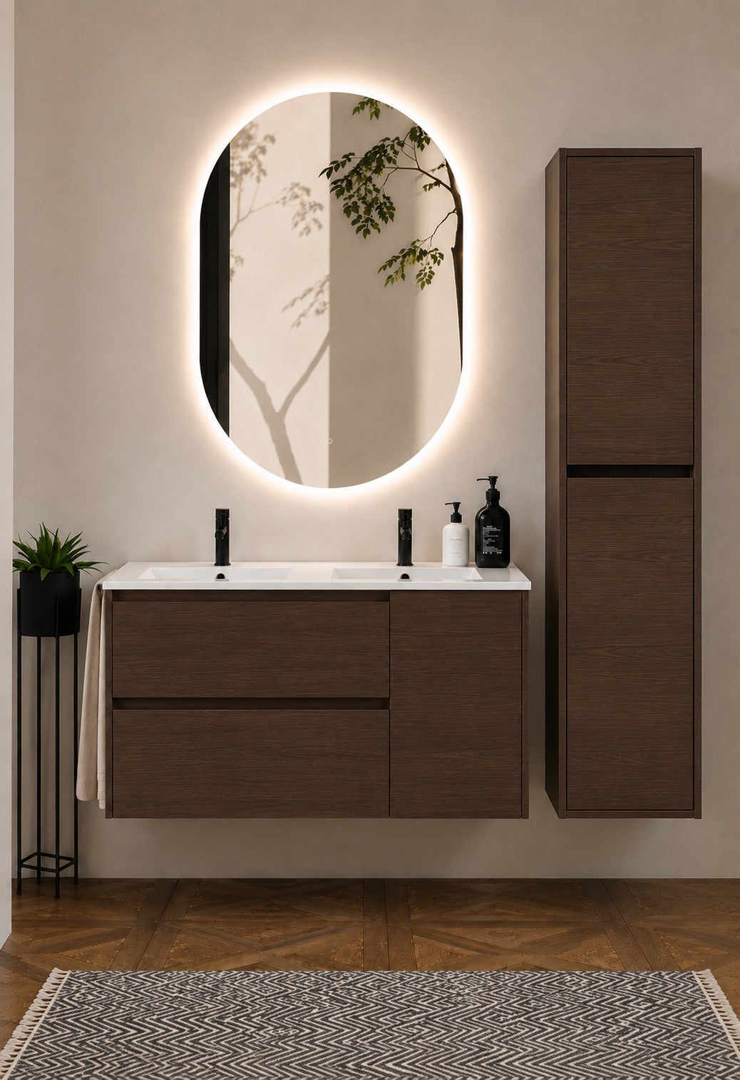Szafka łazienkowa z umywalką ORIGENBATH ITACA bez lustra 120x45 cm podwójna umywalka jesion tea z kolumną