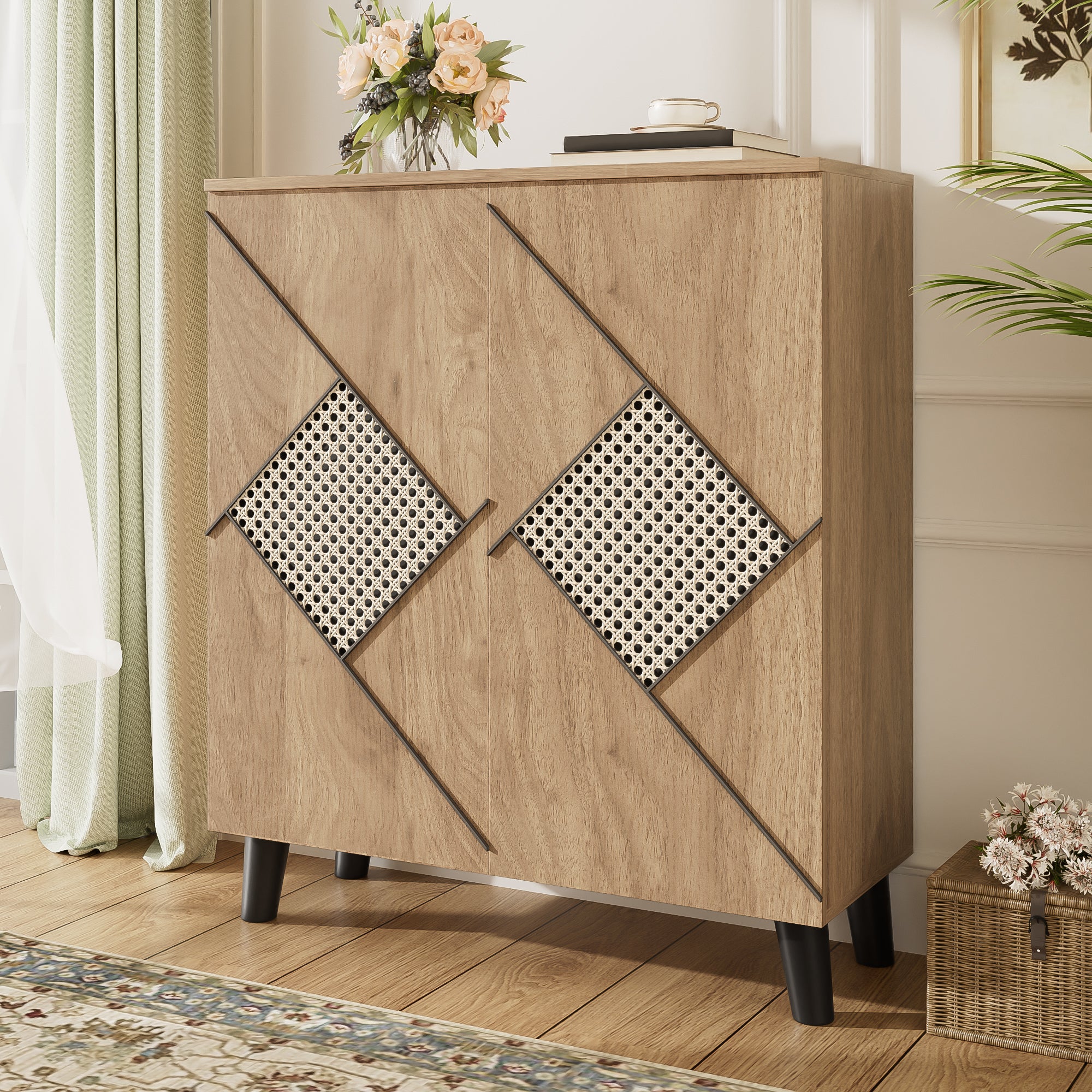 Nowoczesna szafa na buty 80x32x91 cm - 2 fronty - Kilka półek - Wzór rattanowy - Płyty wiórowe - Kolor naturalny
