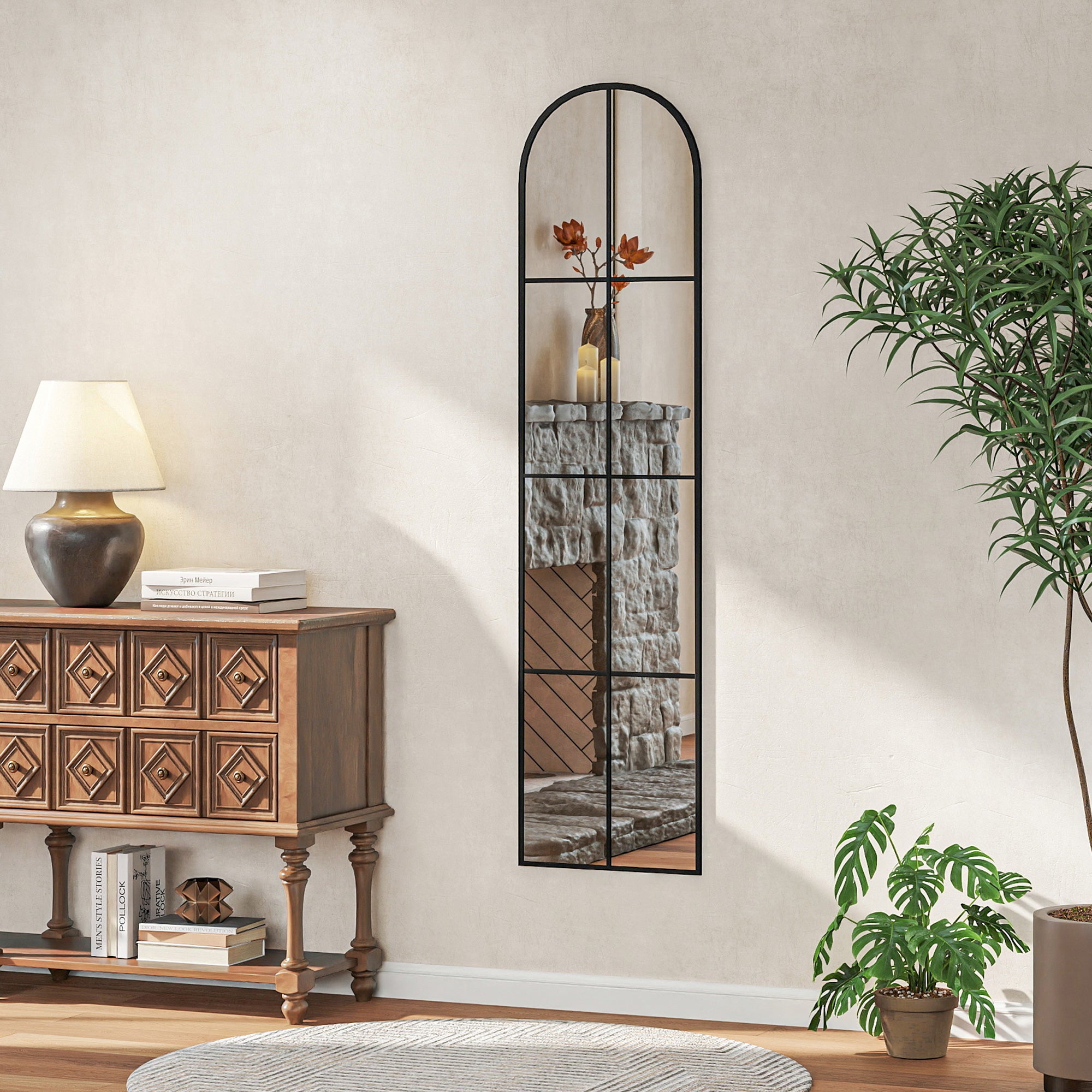 Duże lustro ścienne lub wolnostojące, 40 x 160 cm, styl okna łukowego, z metalową ramą, folia nietłukąca, czarne