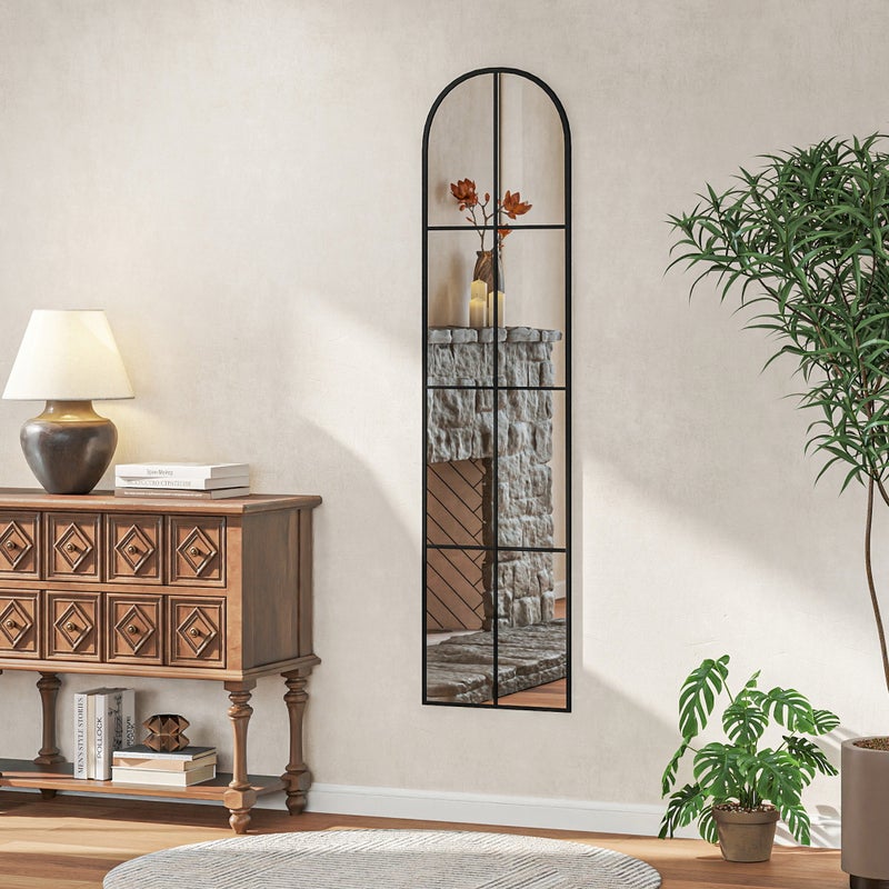Duże lustro ścienne lub wolnostojące, 40 x 160 cm, styl okna łukowego, z metalową ramą, folia nietłukąca, czarne