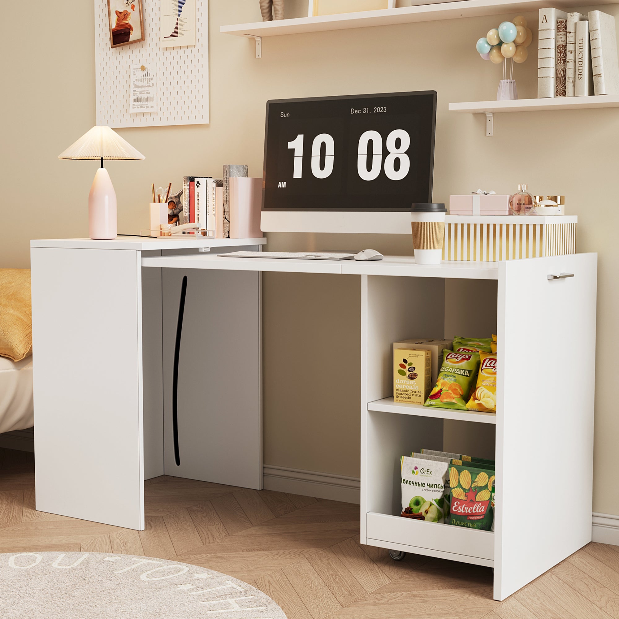 Składane biurko mobilne 126x55x72,5 cm - Biurko i schowek - 2 schowki - Płyta wiórowa - Biały