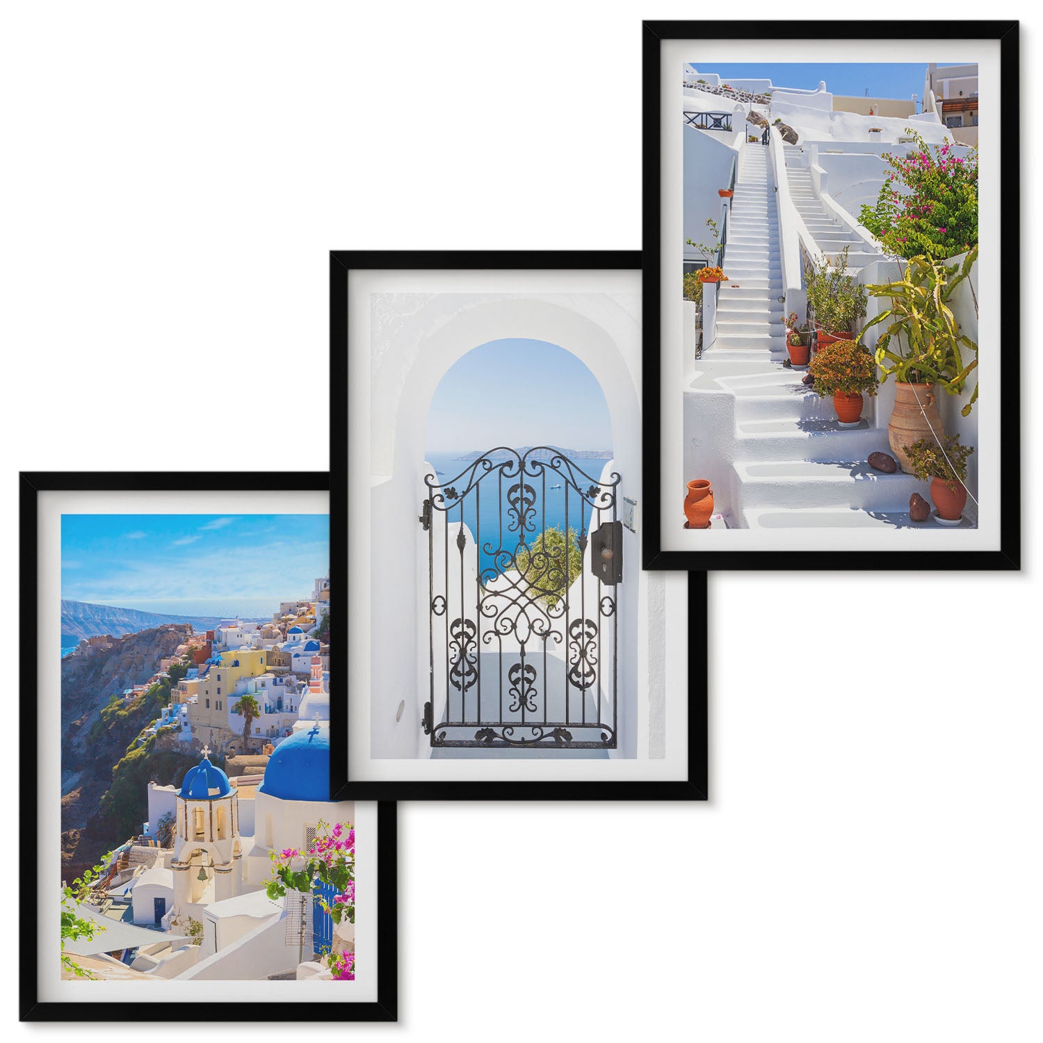 Zestaw obrazów w ramie - 3 części | Widoki na Santorini Grecka architektura miasta Oia | Czarna ramka