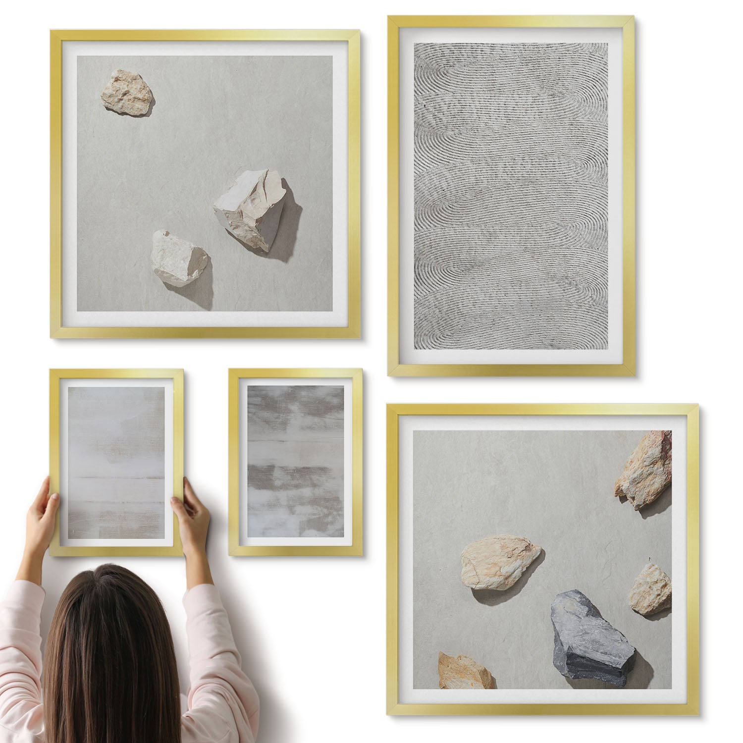 Galeria ścienna 5-częściowy komplet obrazów w złotych ramach - Nowoczesne struktury tekstury w minimalistycznym stylu - ArtPrintCave