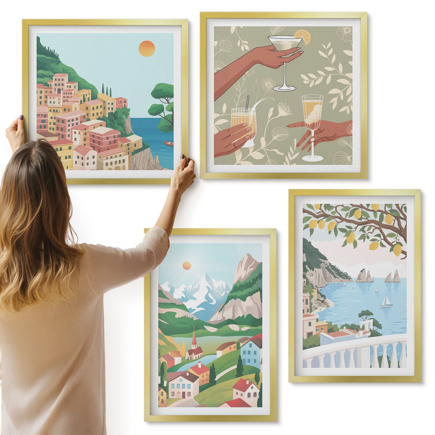 Galeria ścienna 4-częściowy komplet obrazów w złotych ramach - Widoki nadmorskie z domami w kolorach pastelowych - ArtPrintCave