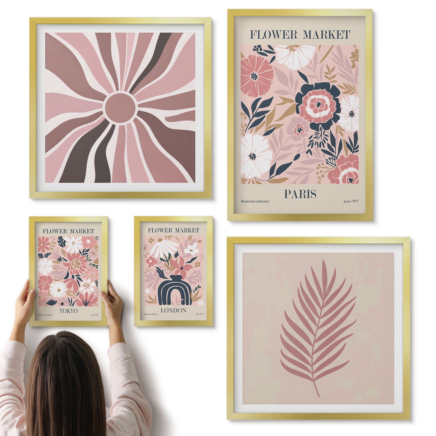 Galeria ścienna 5-częściowy komplet obrazów w złotych ramach - Kwiatowe rynki z miast światowych styl boho - ArtPrintCave